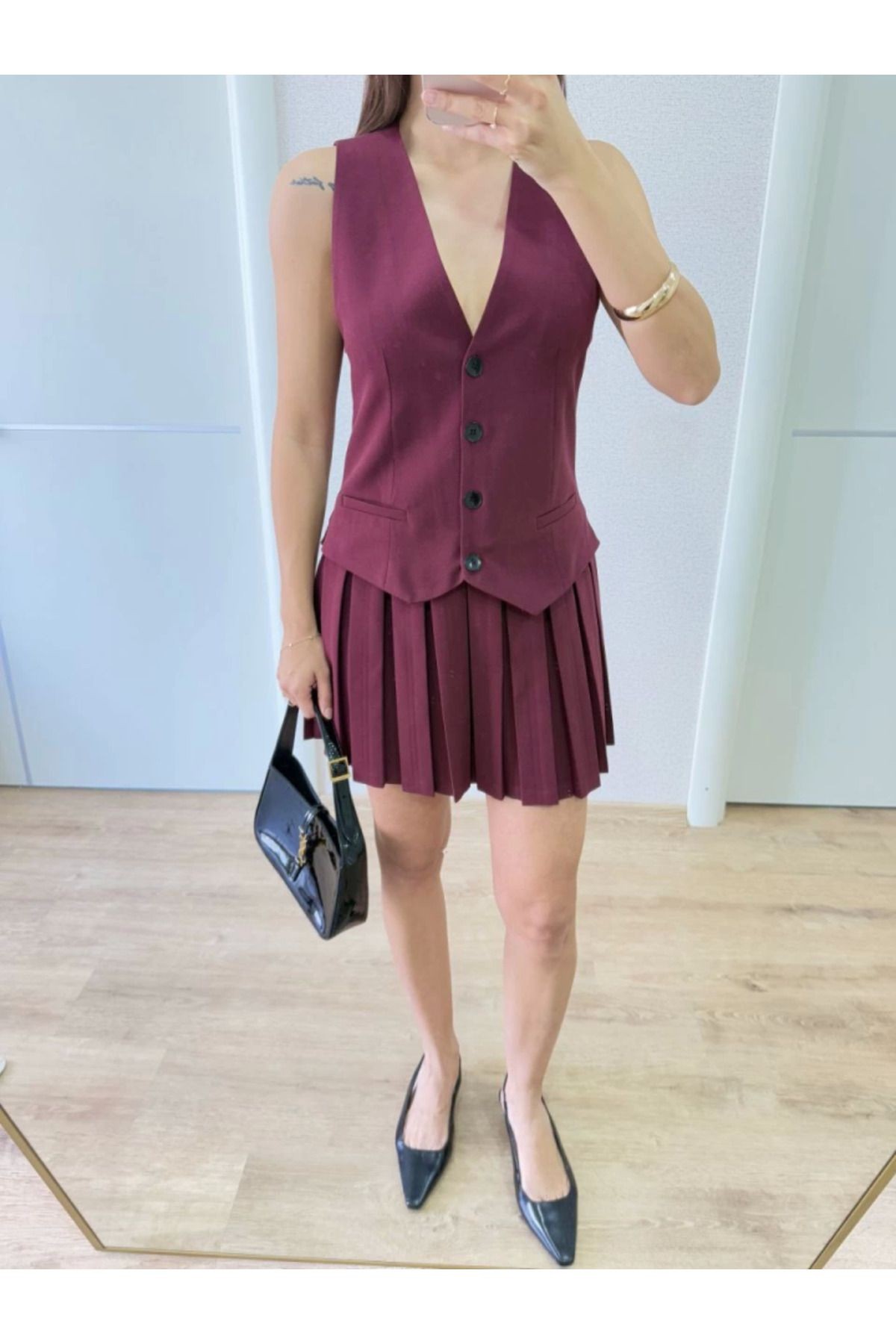 Takım Görünümlu Yelekli Mini Elbise- Bordo