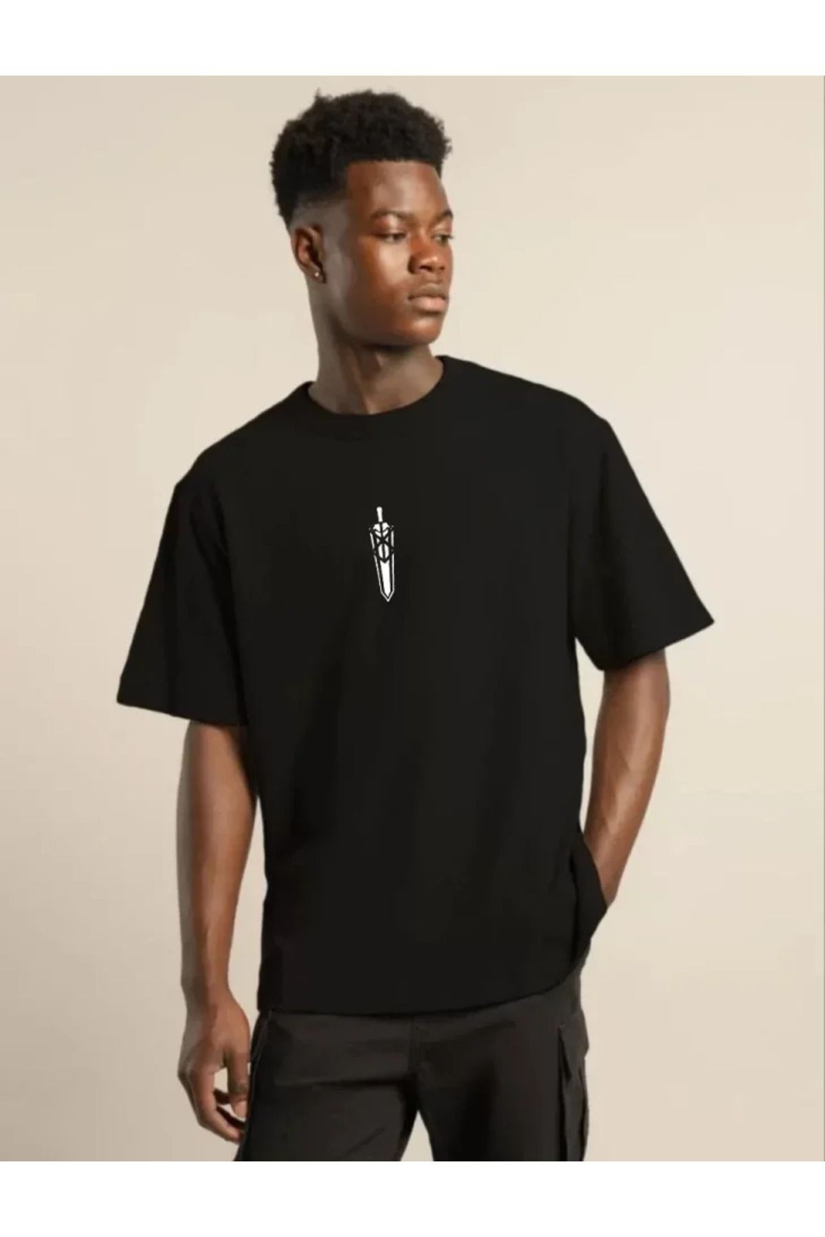 Unisex Bisiklet Yaka Baskılı Oversize T-Shirt - Siyah