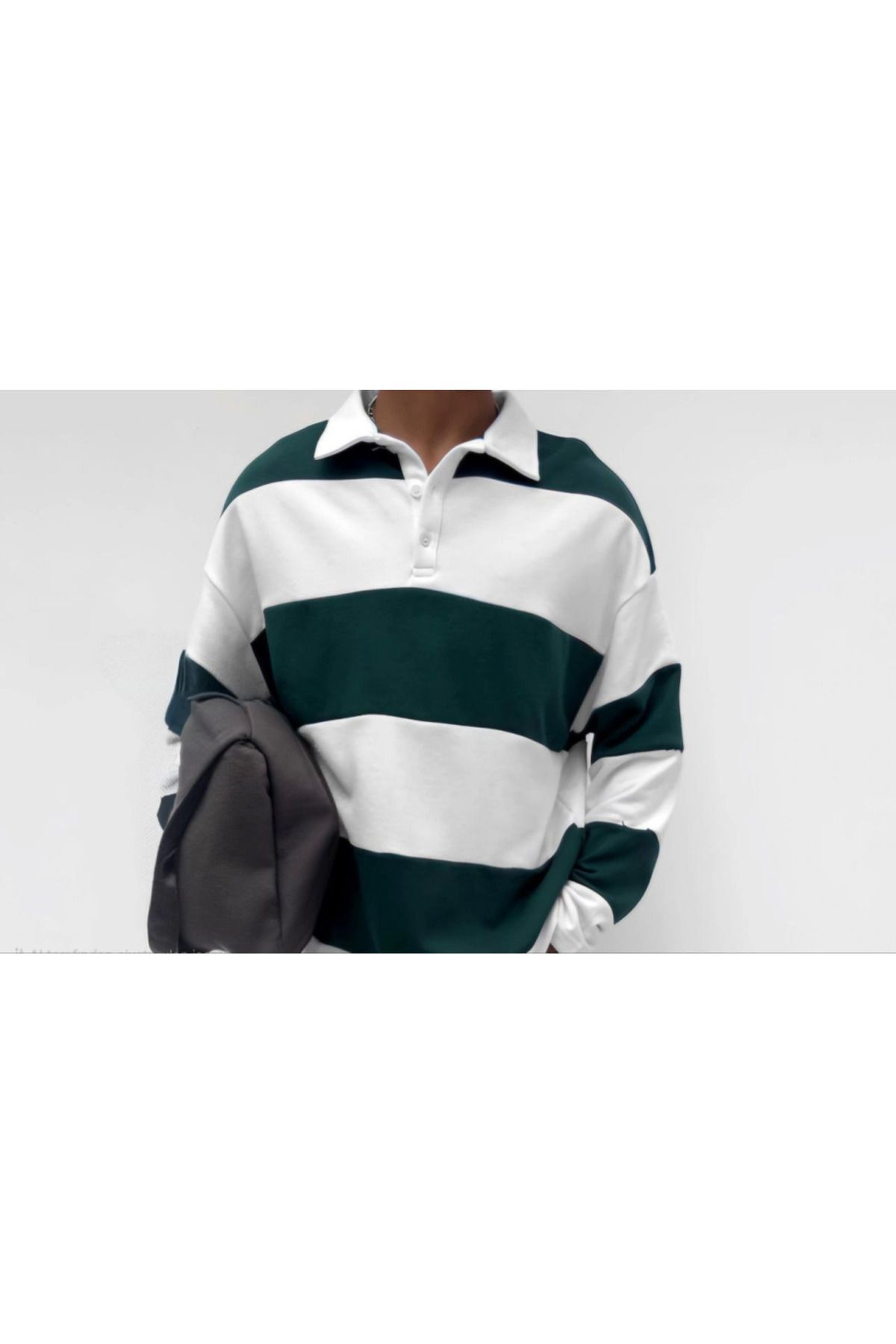 Unisex Üç İplik Parçalı Yakalı SweatShirt - Yeşil