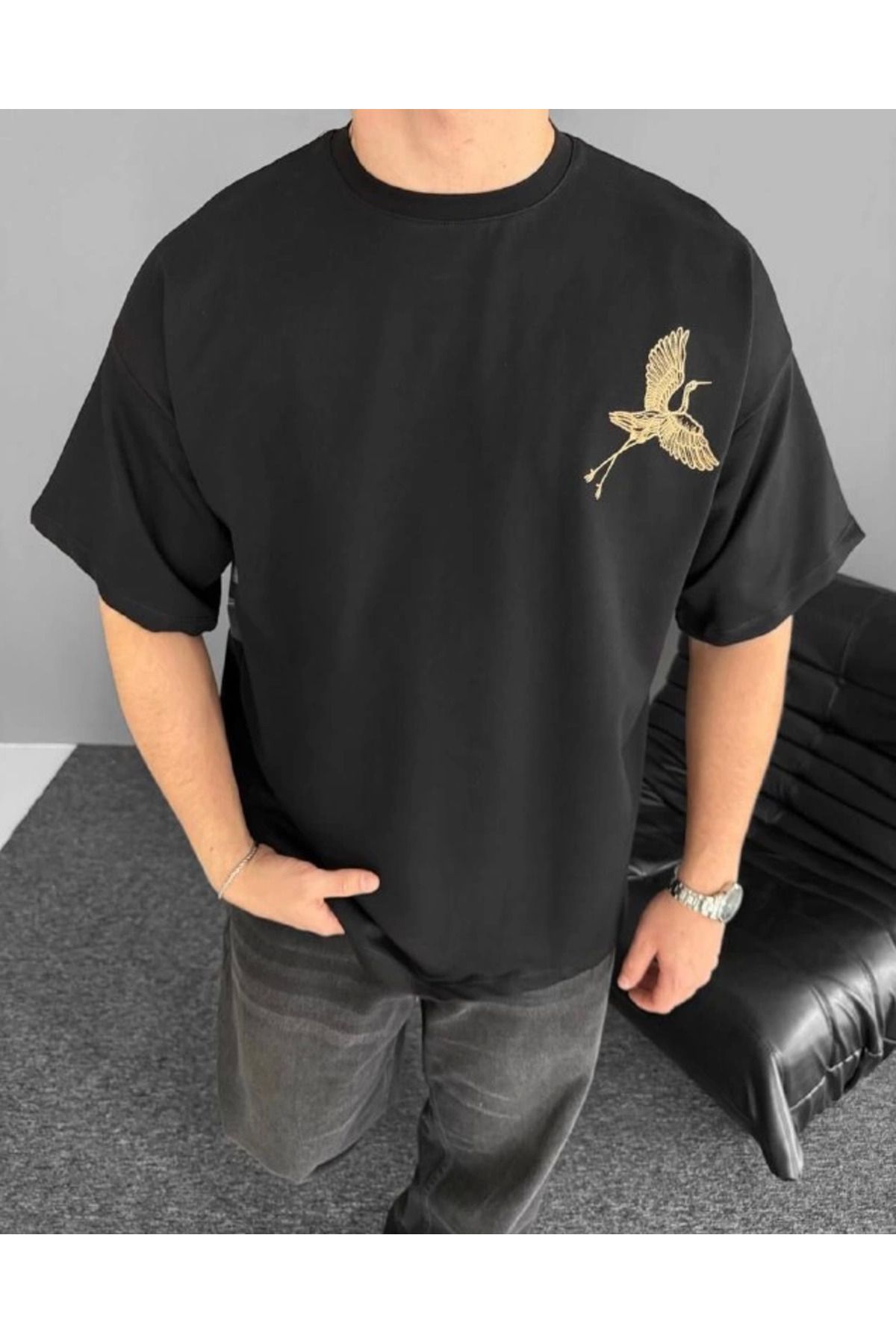 Ön Ve Arka Baskılı Oversize Bisiklet Yaka T-shirt - Siyah