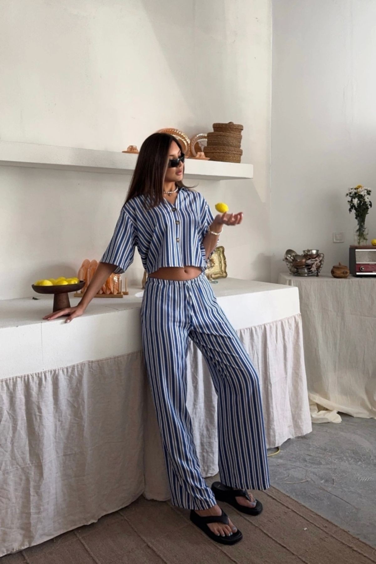 Çizgili Crop Gömlek - Salaş Pantolon Takım Modal - Mavi