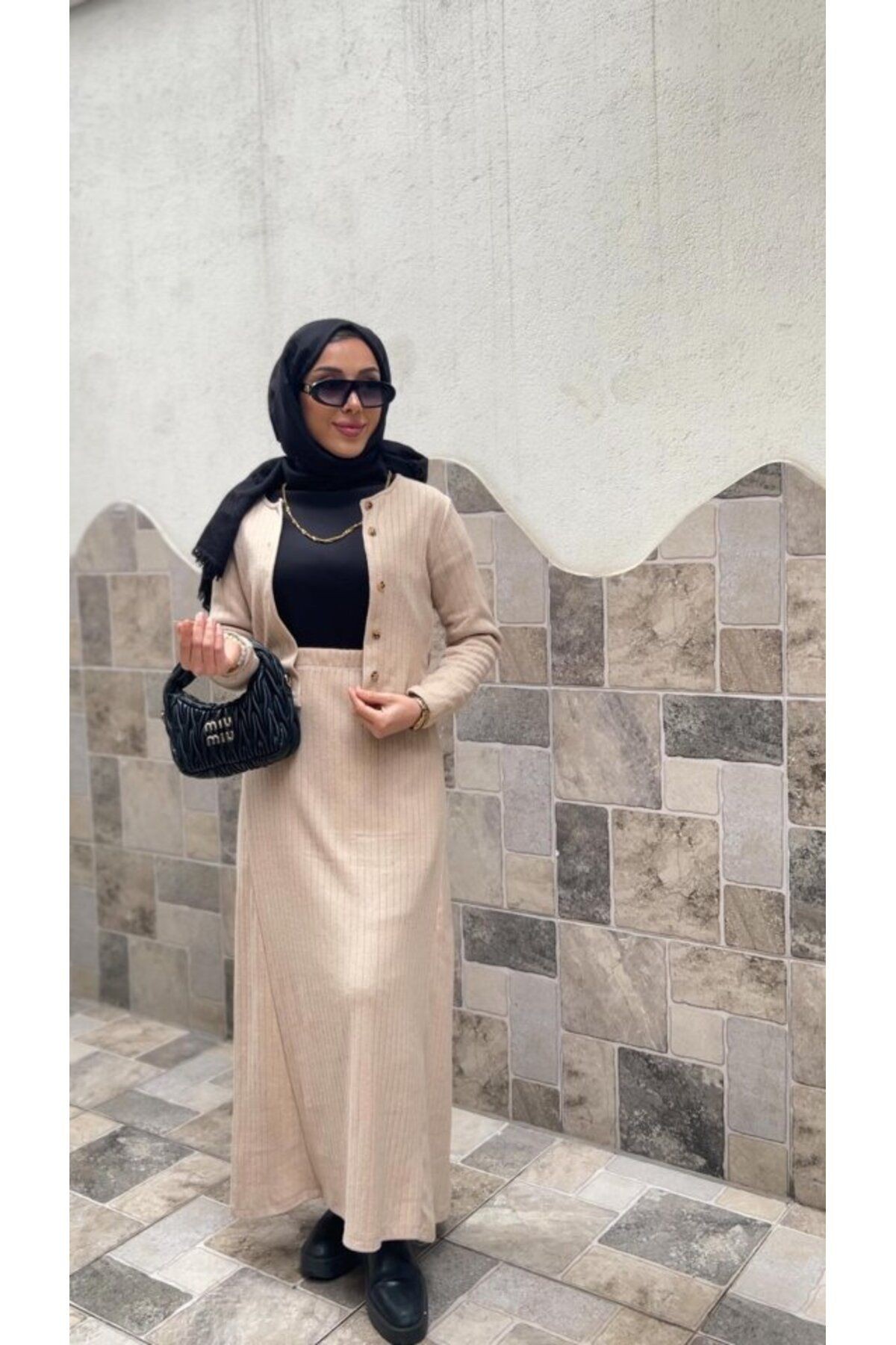 Mottisfashion Kadın Uzun Kollu önden Düğmeli Bluz Ve Yüksek Bel A Kesim Uzun Etek şardonlu Kaşkorse