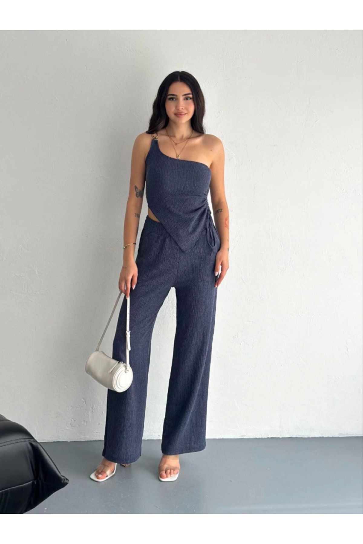 Asimetrik Crop Pantalon Ikili Takım - Lacivert