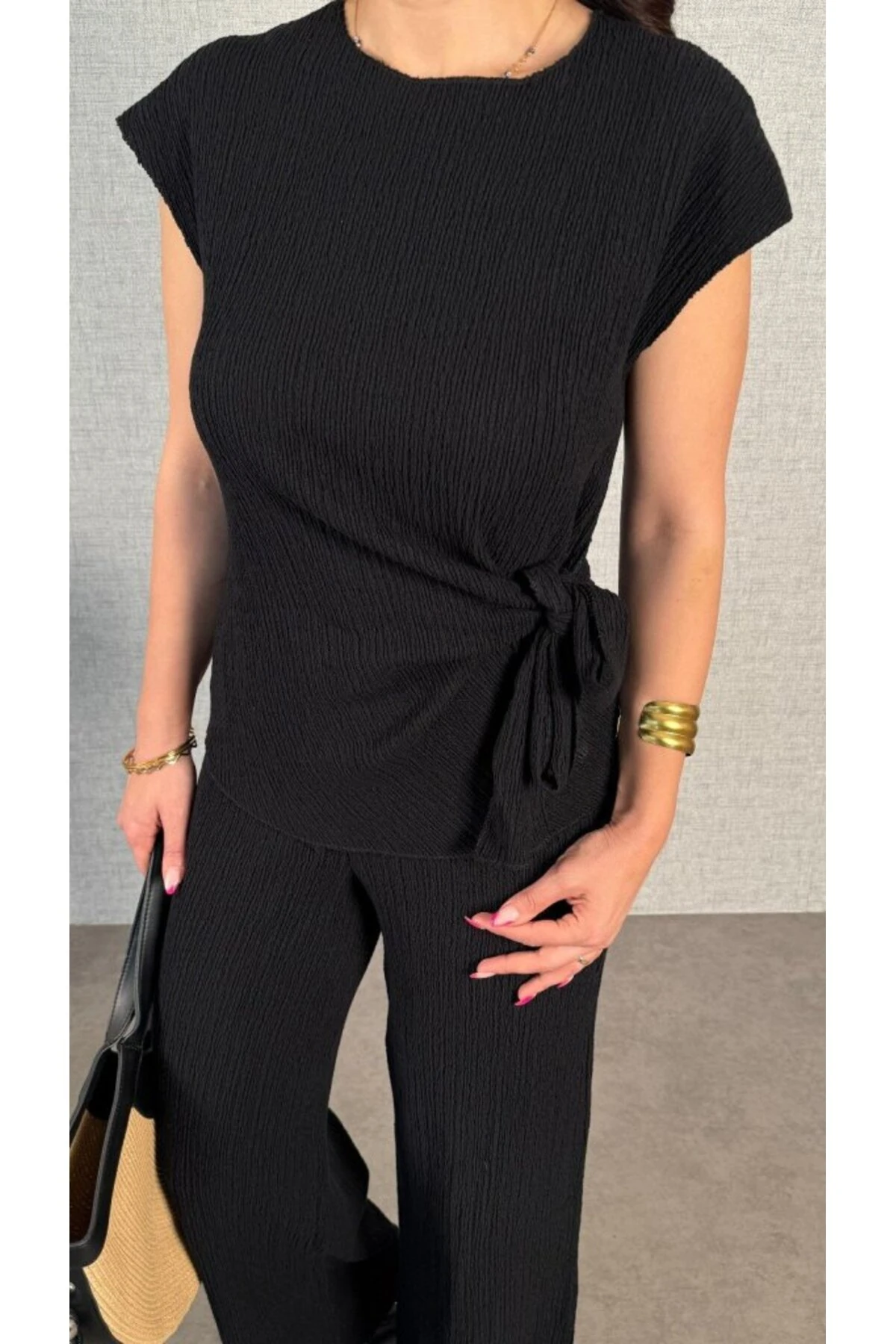 eyesof Kadın Kısa Kollu Bisiklet Yaka Yandan Bağlamalı Bürümcük Bluz Ve Pantolon Ikili Takım