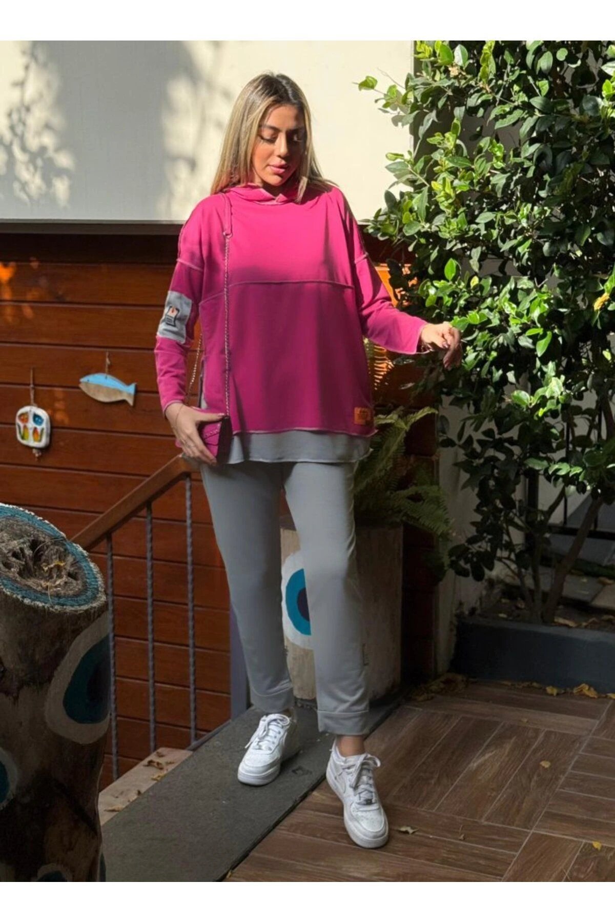 Kadın Indigo Kapşonlu Etek Ucu Detay Arma Ters Dikiş Gorunumlu Ikili Takım