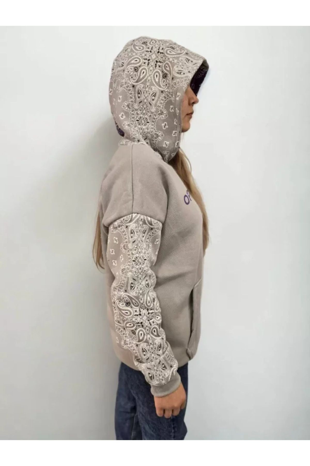 Baskılı Kapüşonlu Sweatshirt - Gri