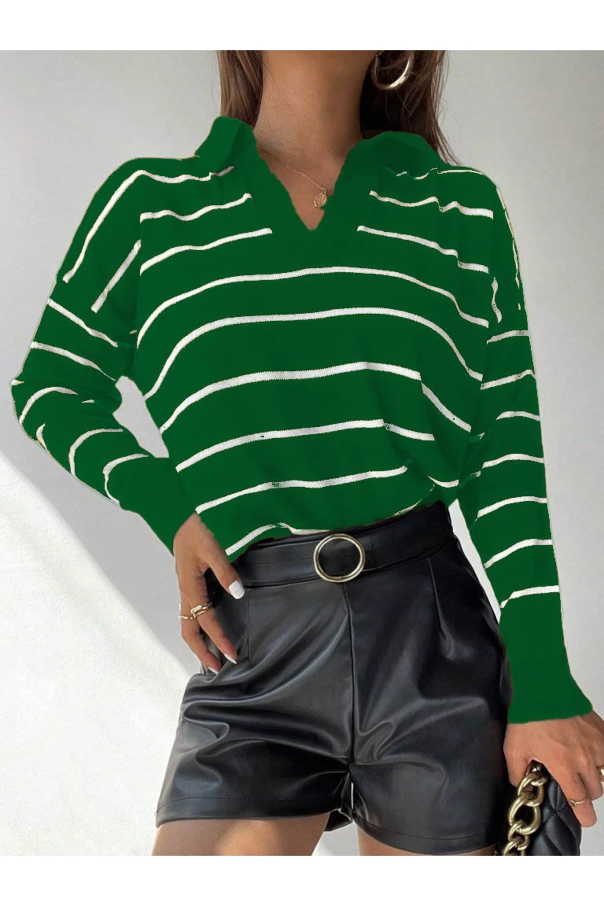 mrpurple Kadın Uzun Kollu V Yaka çizgili Triko Bluz