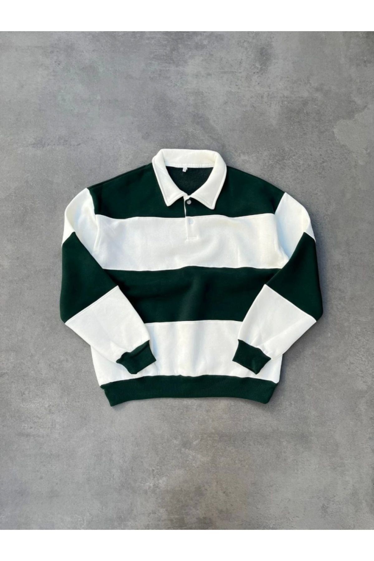 Unisex Üç İplik Parçalı Yakalı SweatShirt - Yeşil