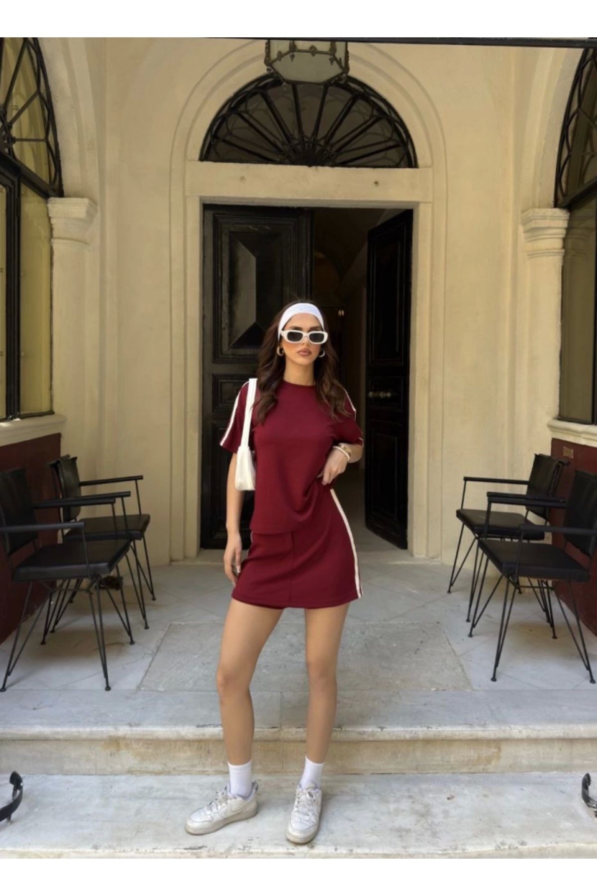 Osy Modal Yumuşak Dokulu Kumaş Parçalı Bisiklet Yaka T-shirt Mini Şortlu Etek İkili Takım
