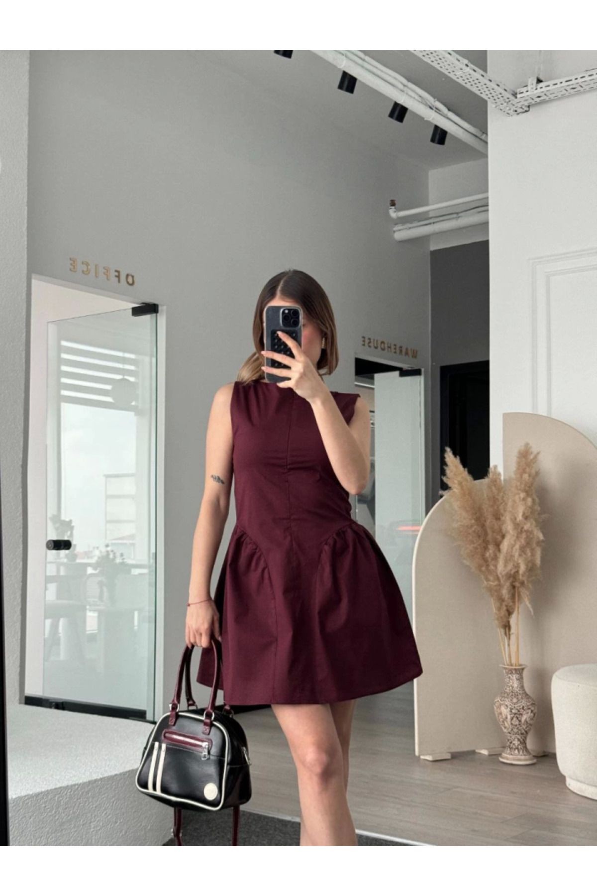 Fermuar Detaylı Mini Elbise - Kahve