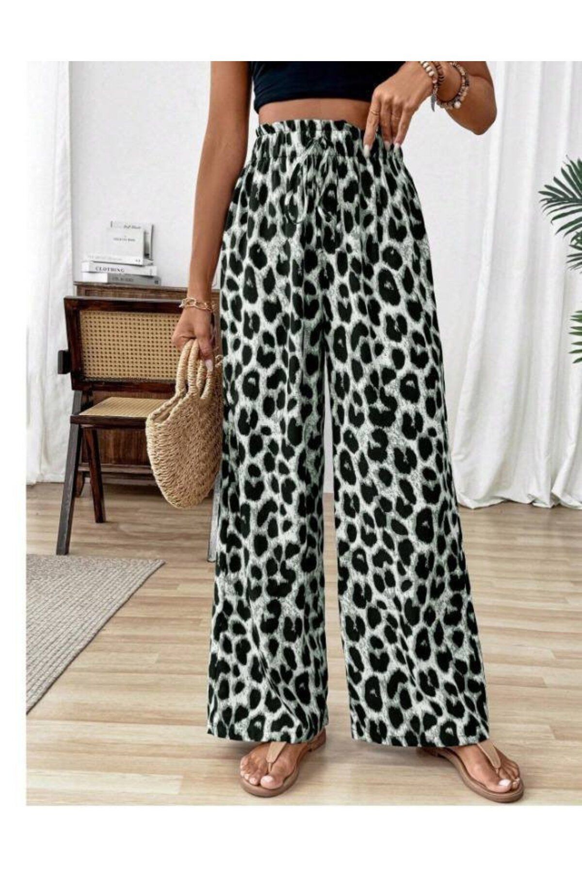 Kadın Süprem Kumaş Beli Lastikli Leopar Desen Pantolon