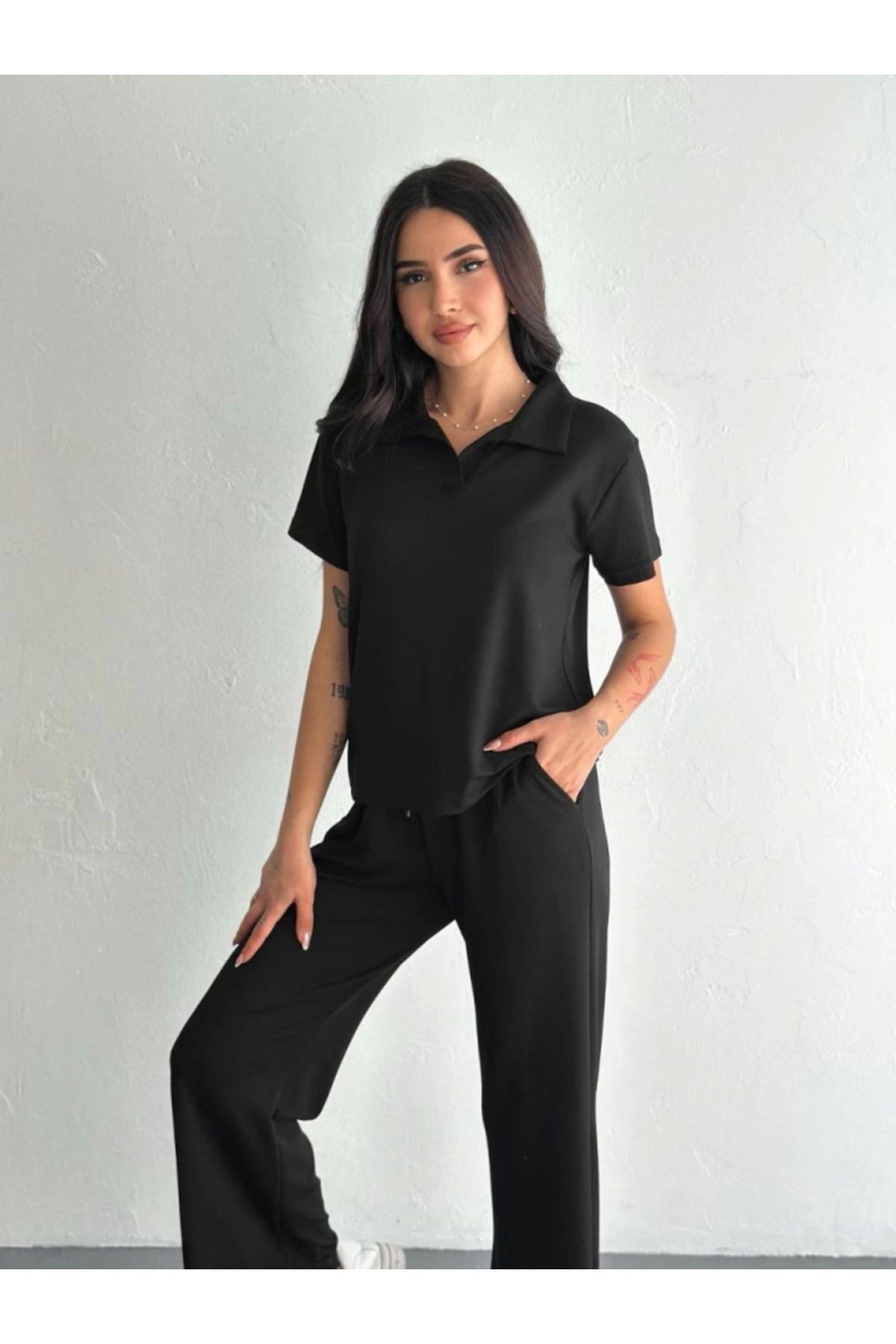 Osy Modal Yumuşak Dokulu Kumaş Kısa Kollu Yakalı T-shirt Pantalon Ikili Takım- Siyah