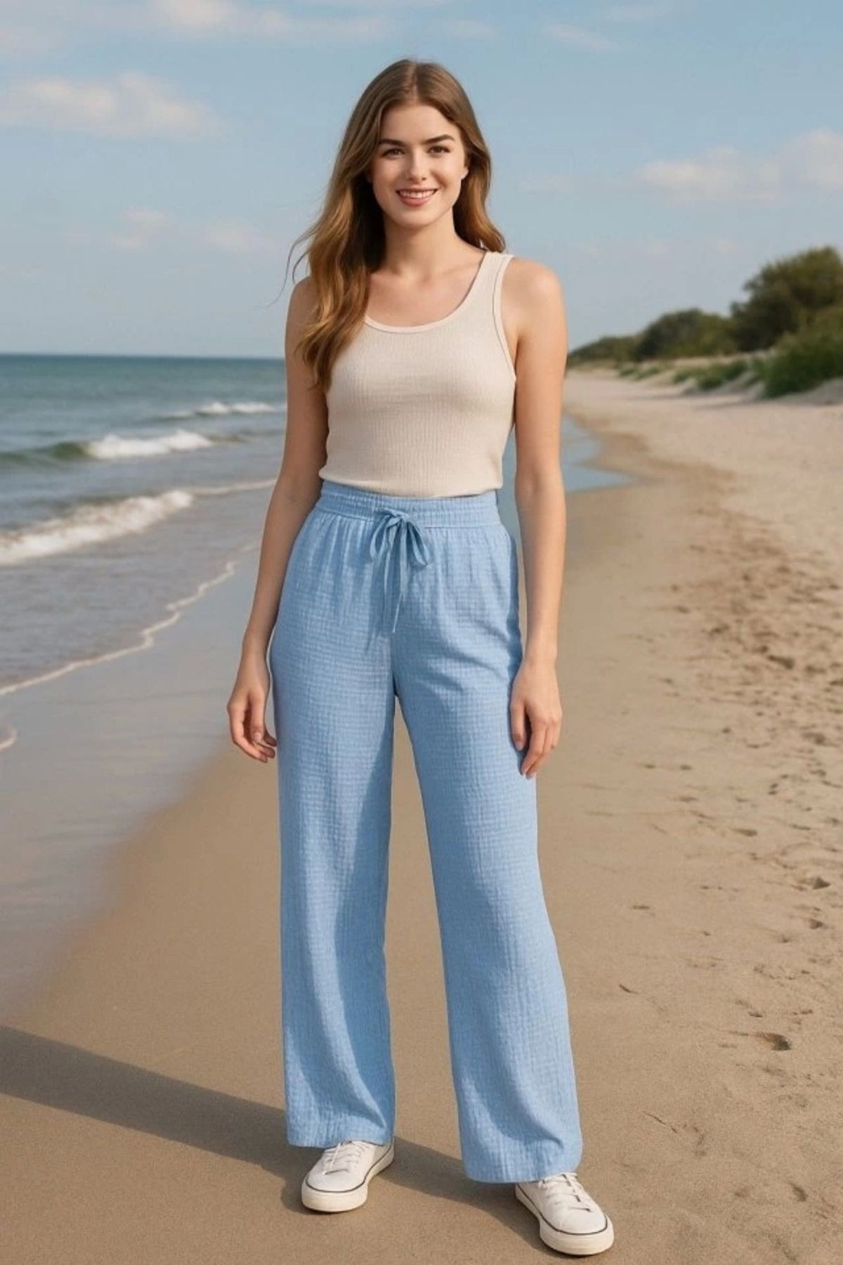 Kadın Beli Lastikli Pol Paça Pantolon