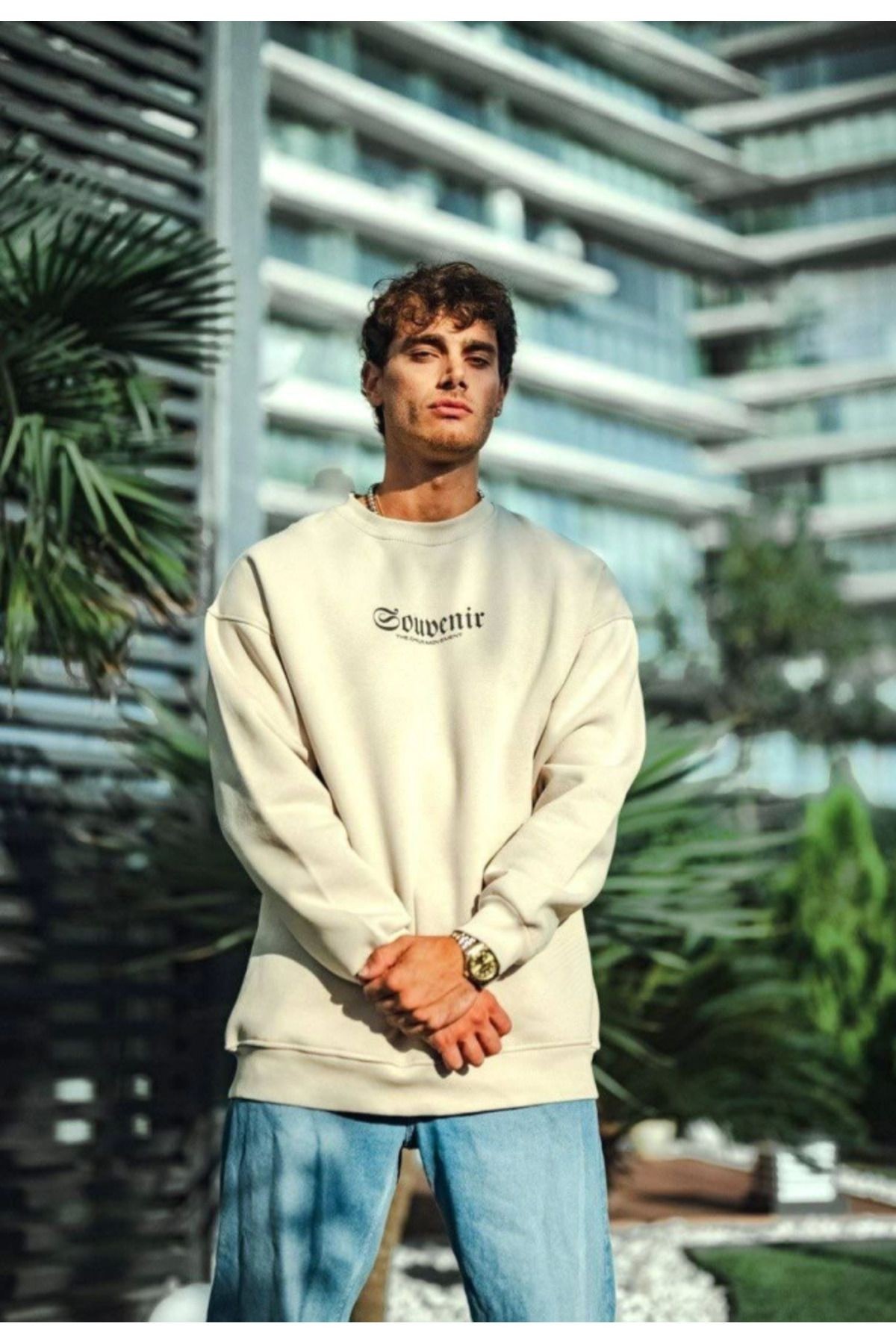 Oversize Bisiklet Yaka Baskılı SweatShirt - Beyaz