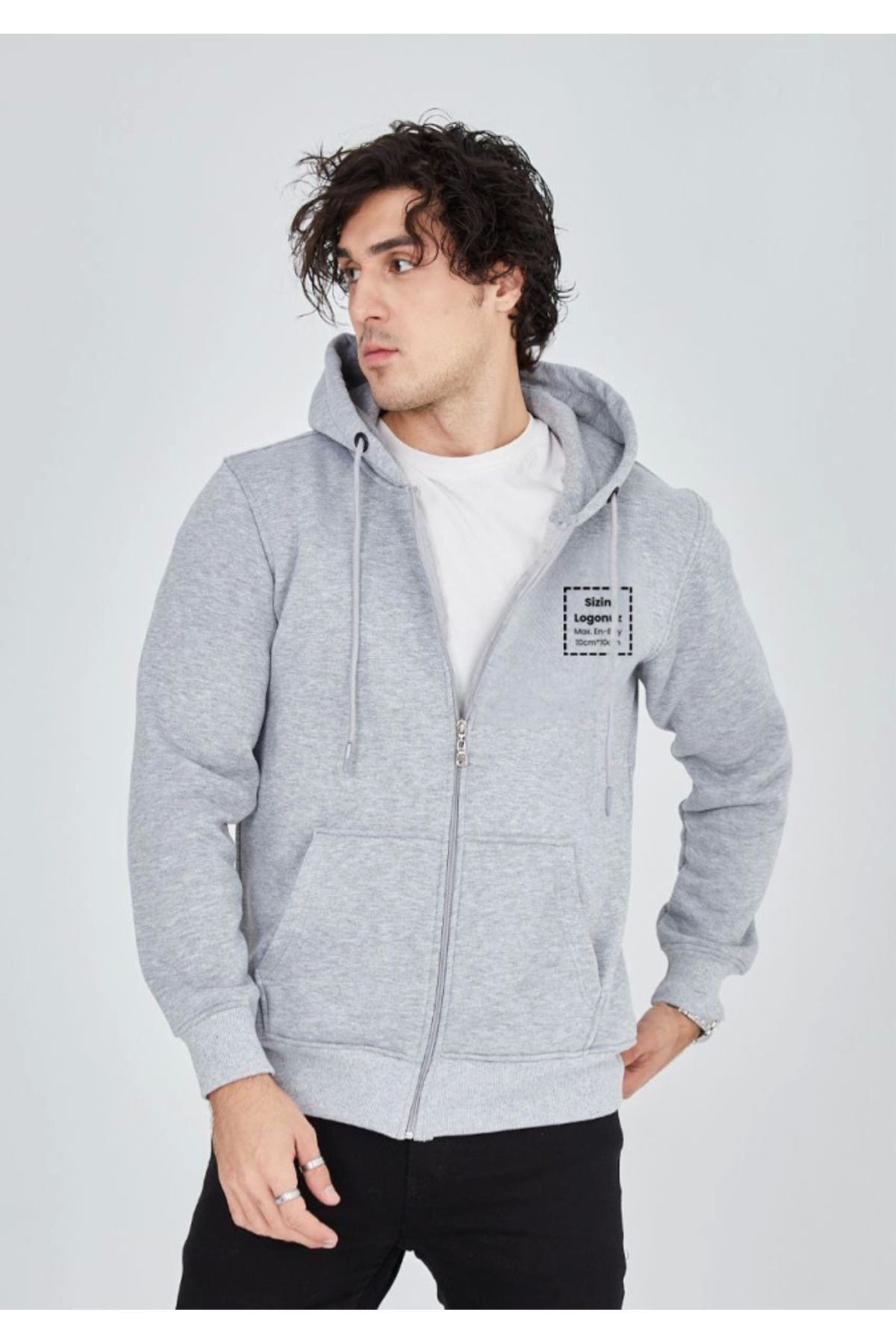 Unisex Tam Fermuarlı Kapşonlu Özel Tasarım SweatShirt - Gri