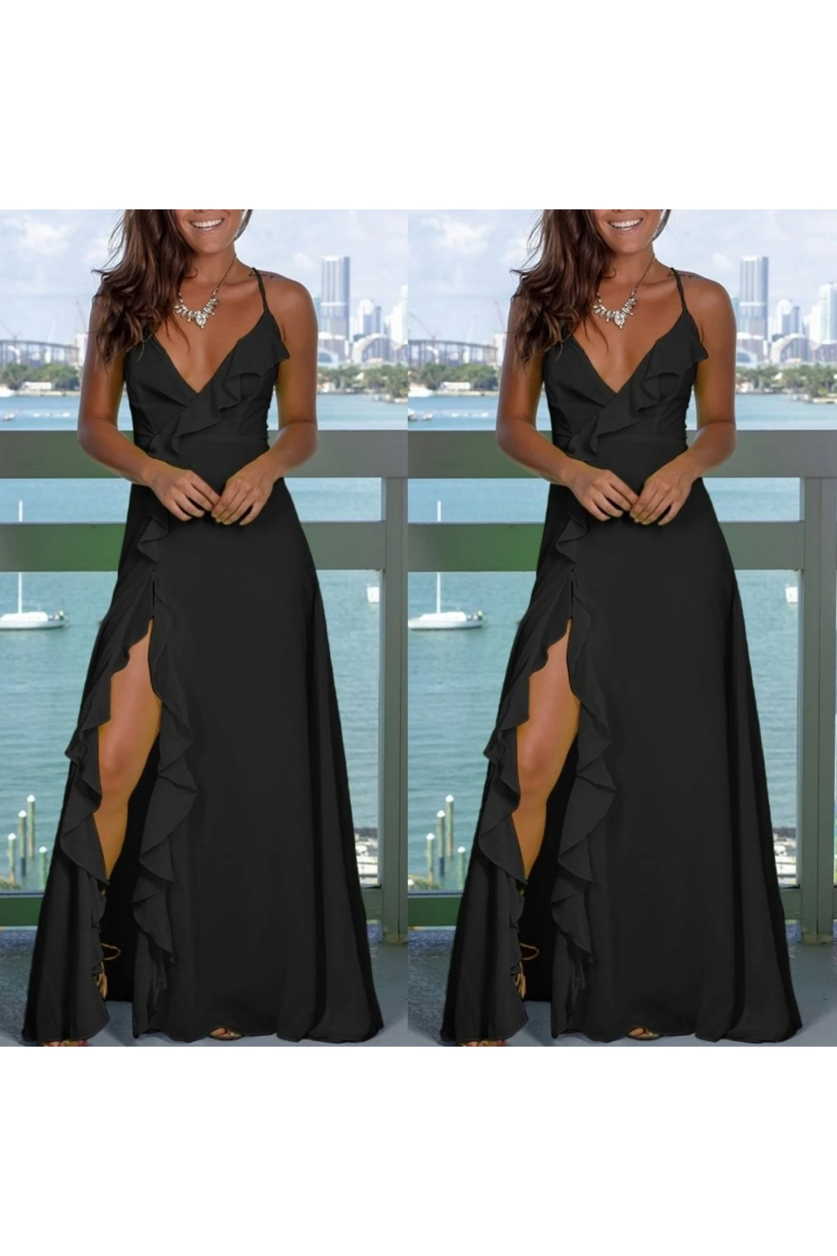 Evyora Kadın Ip Askılı Dekolteli Yırtmaç Detay Krep Elbise