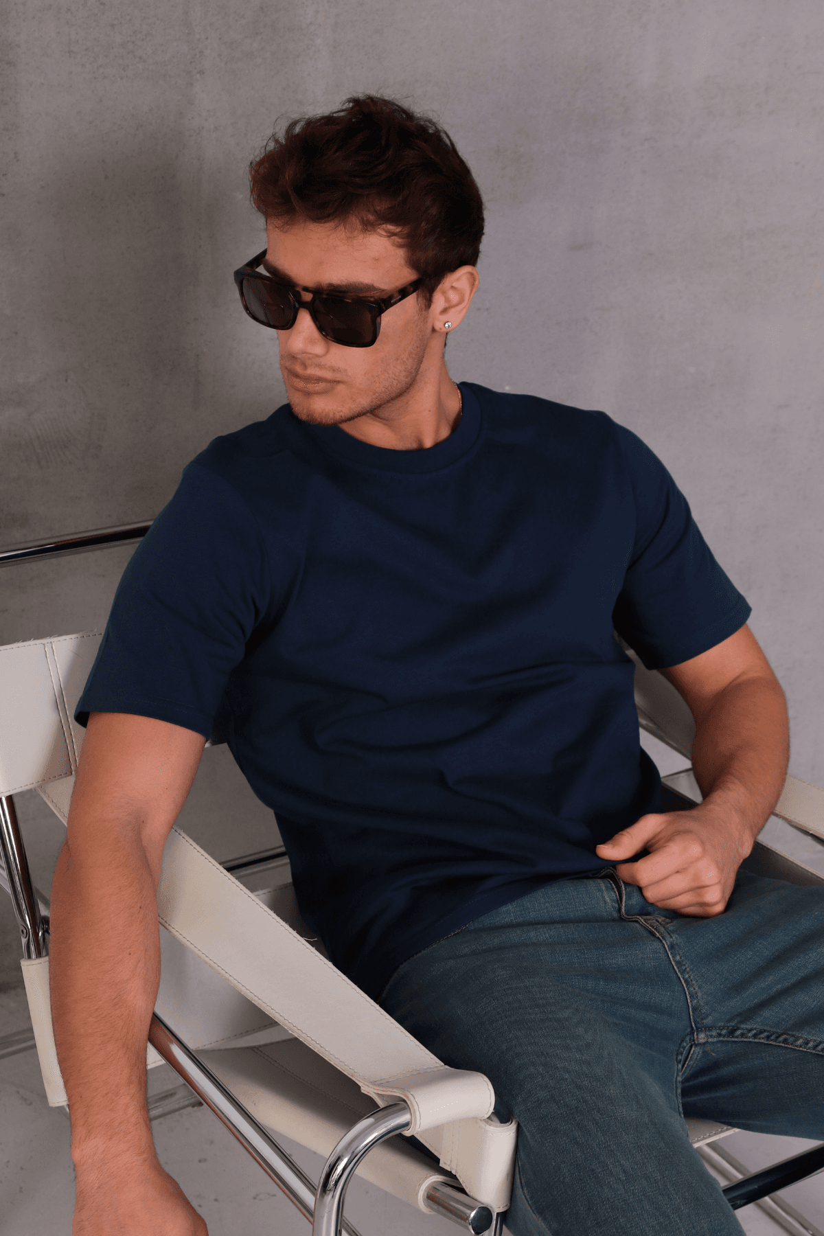 Unisex Relax Fit Bisiklet Yaka %100 Pamuk Rahat Kesim Basic Tişört - i̇ndigo
