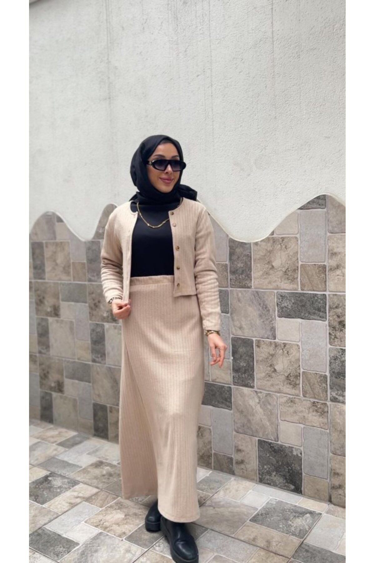Mottisfashion Kadın Uzun Kollu önden Düğmeli Bluz Ve Yüksek Bel A Kesim Uzun Etek şardonlu Kaşkorse