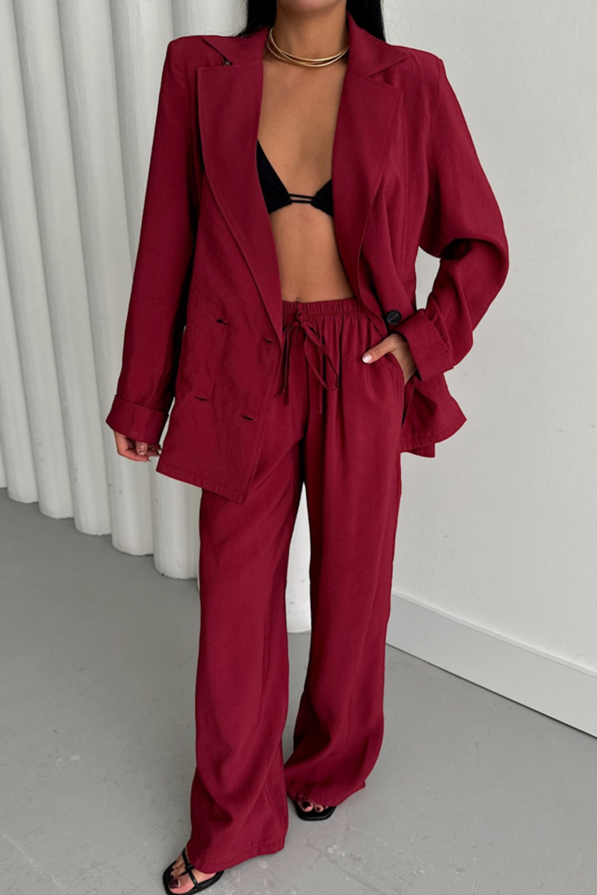 MODAL 4 DÜĞME ASTARSIZ CEKET - PANTOLON TAKIM - Bordo