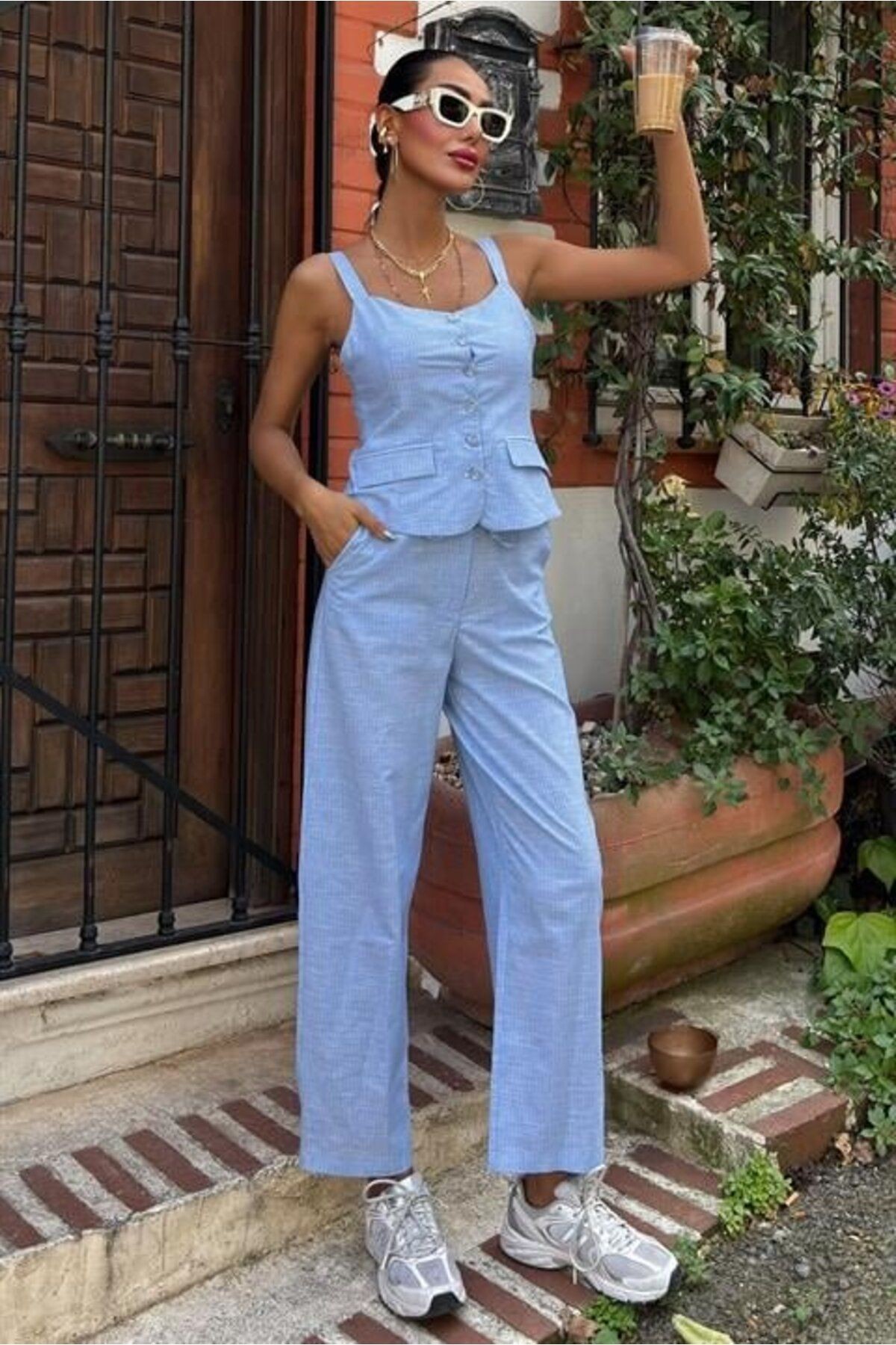 Kalın Askılı Bluz Pantolon Keten Takım 10187