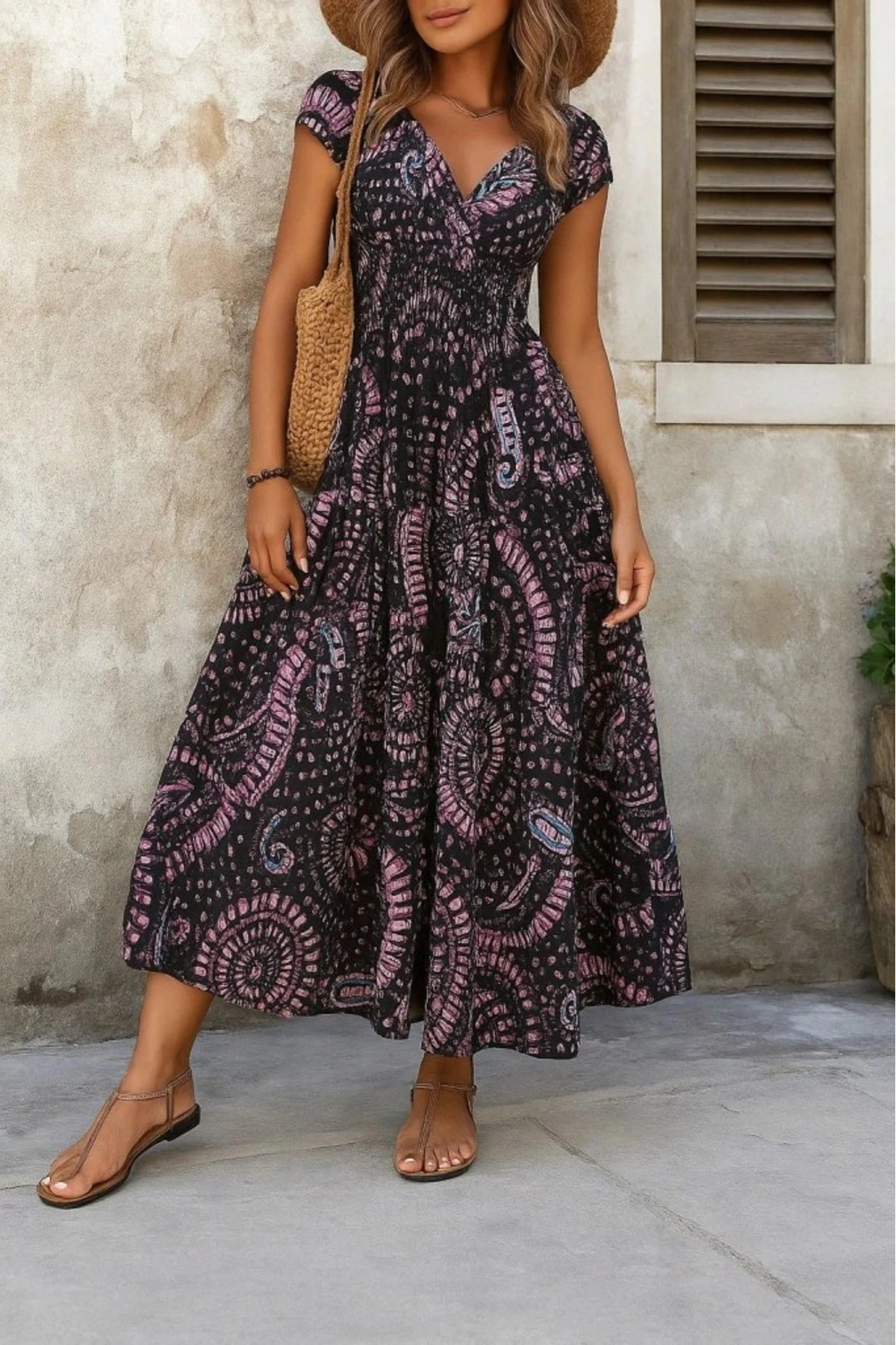 Kadın Kısa Yarasa Kanat Kollu V Yakalı Beli Büzgülü Süprem Elbise