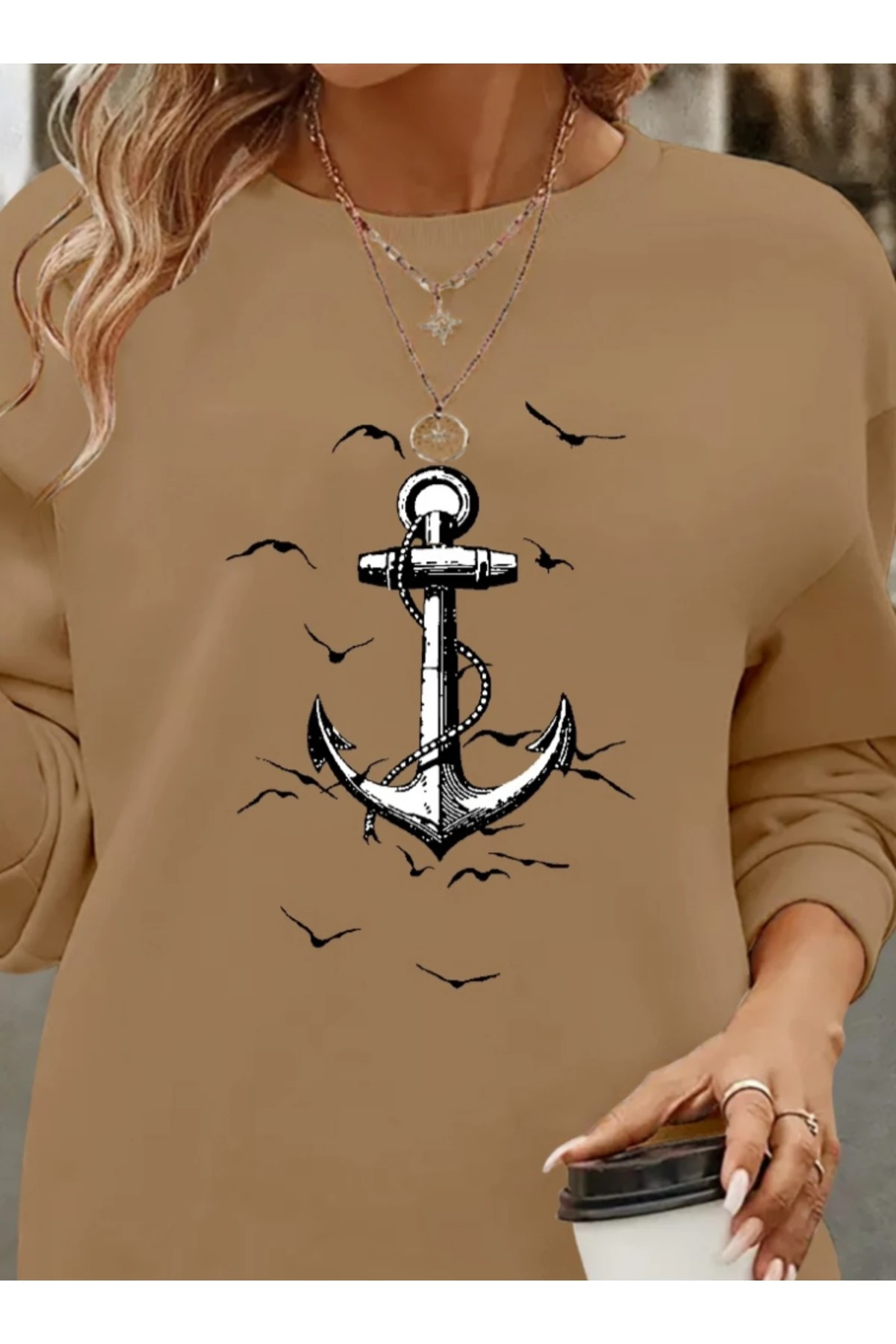 cottonLab Kadın Uzun Kollu Bisiklet Yaka Desenli Viskon Iki Iplik Bluz