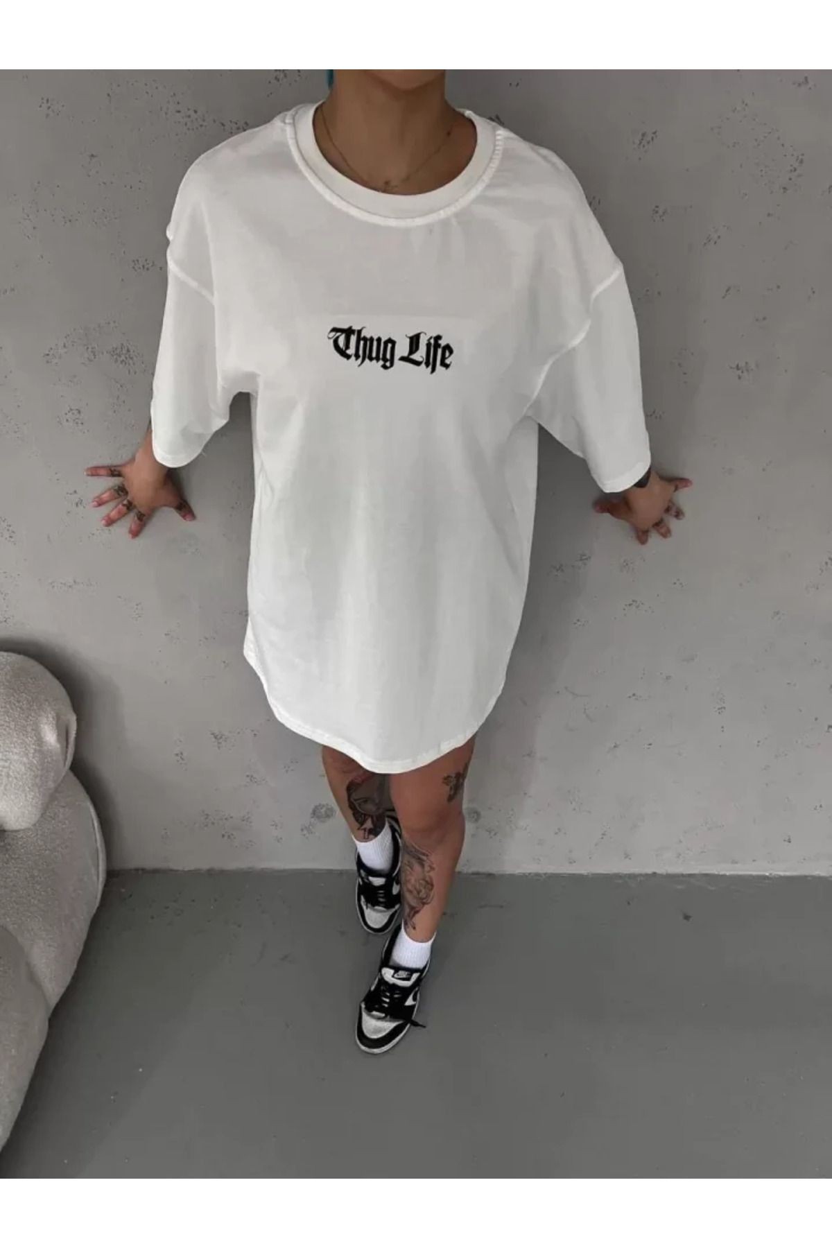 Unisex Bisiklet Yaka Baskılı Oversize T-Shirt - Beyaz