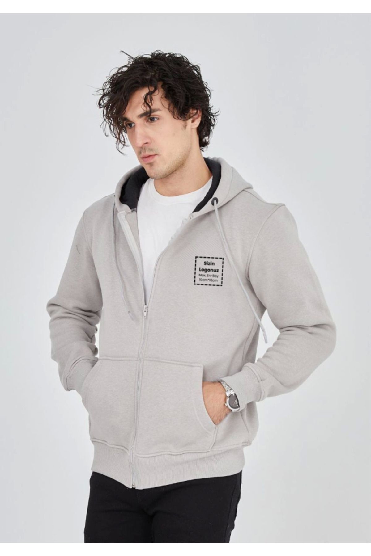 Unisex Tam Fermuarlı Kapşonlu Özel Tasarım SweatShirt - Boyama Gri
