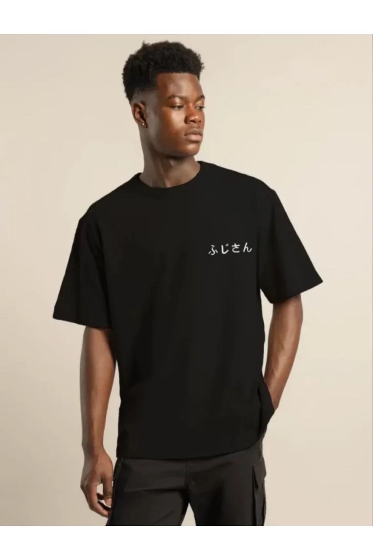 Unisex Bisiklet Yaka Baskılı Oversize T-Shirt - Siyah