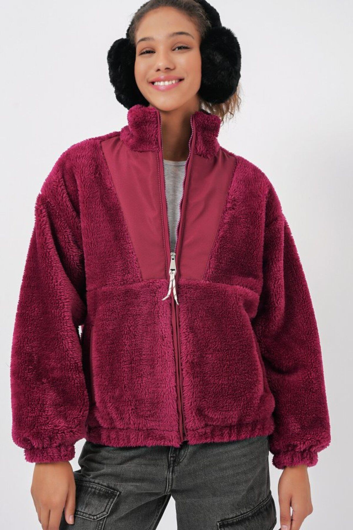 5194 Peluş Mont Ceket - Ekru