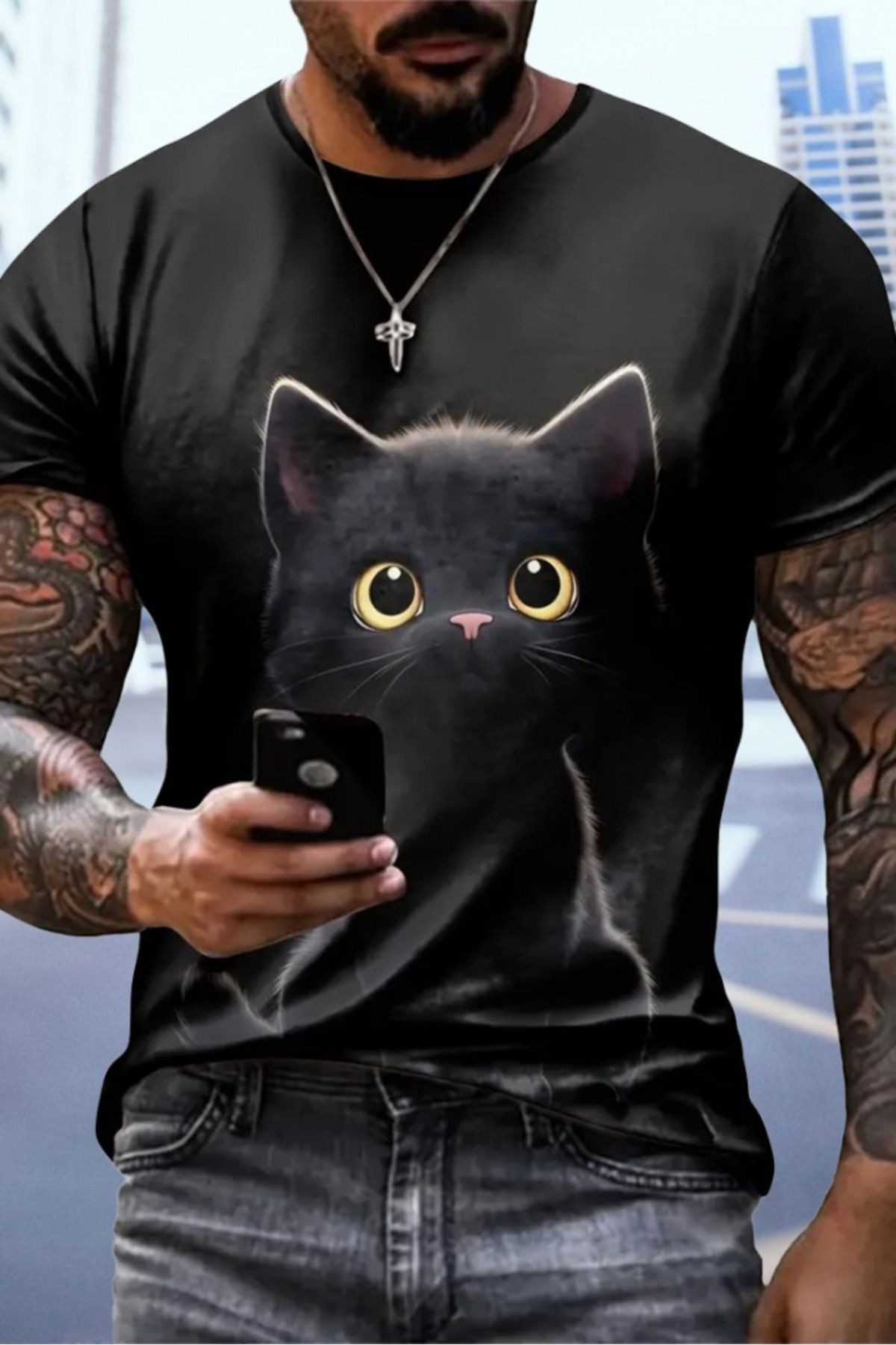 TİANA Erkek Bisiklet Yaka Kedi Baskılı Süprem T-shirt