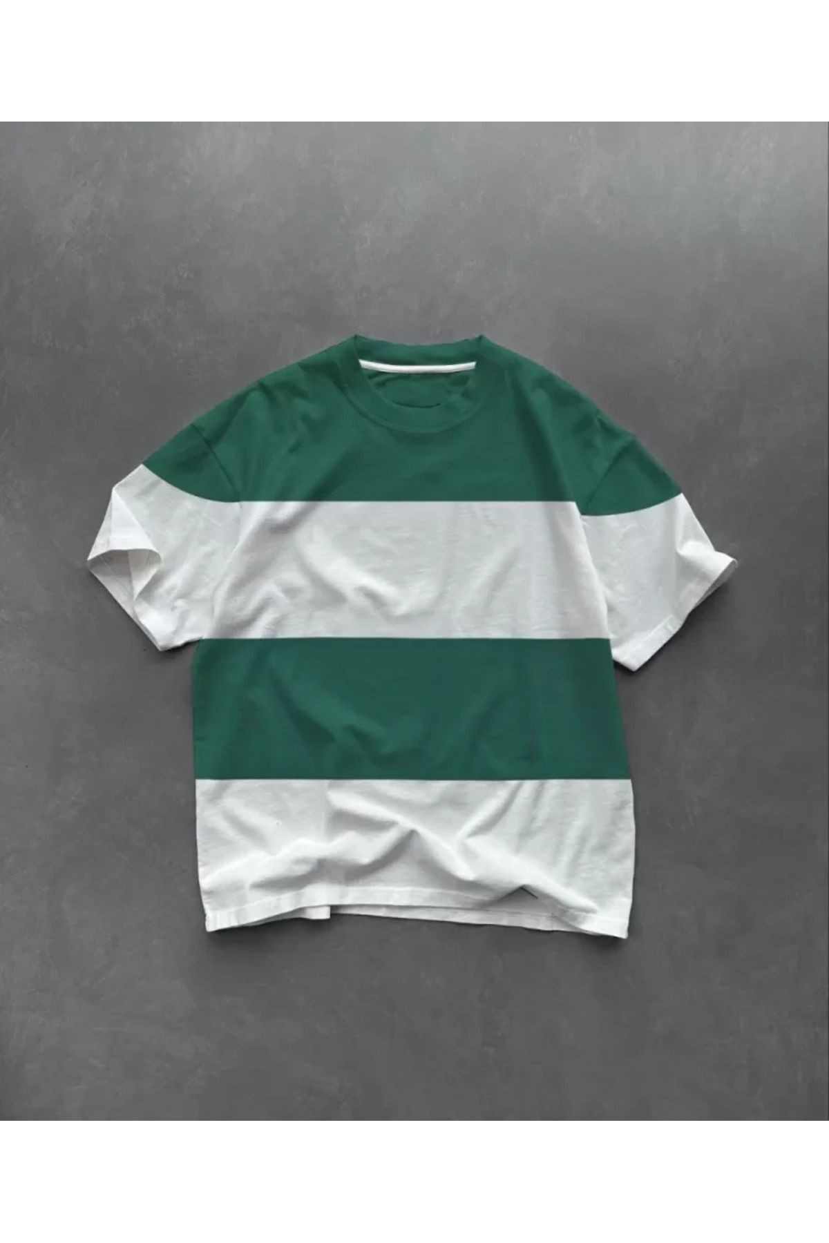 Unisex Bisiklet Yaka Parçalı T-Shirt - Yeşil