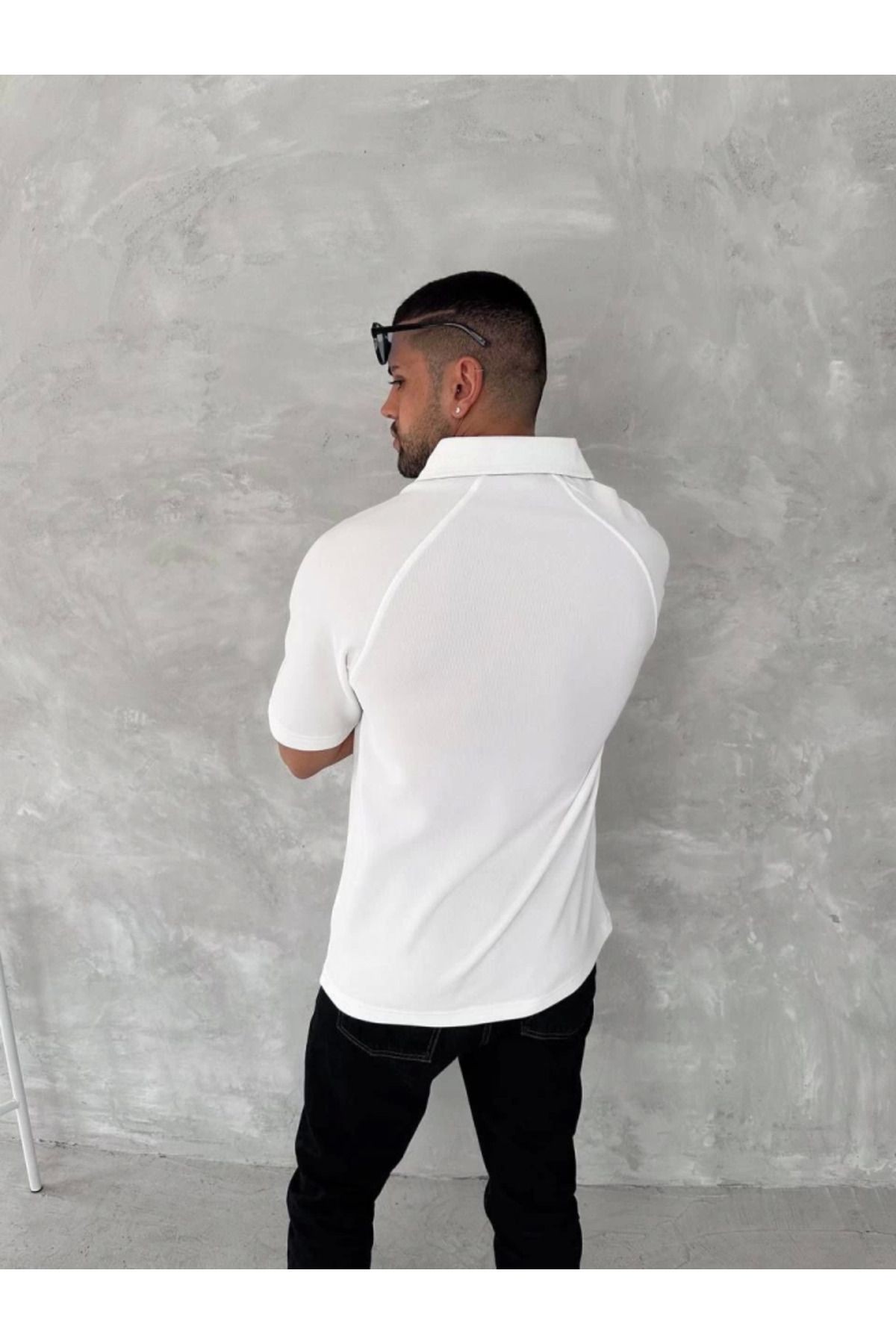Yakalı Patlı Kısa Kol T-shirt - Beyaz