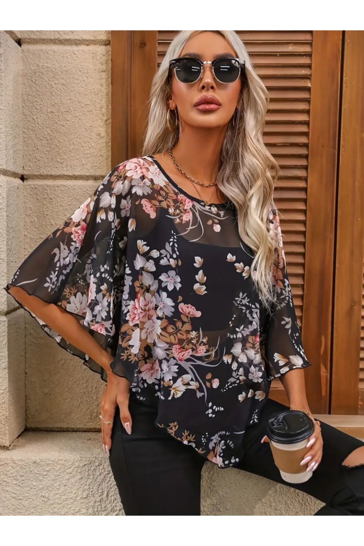 Kadın Kısa Kollu Yuvarlak Yaka çiçek Baskılı Asimetrik Kesim şifon Bluz