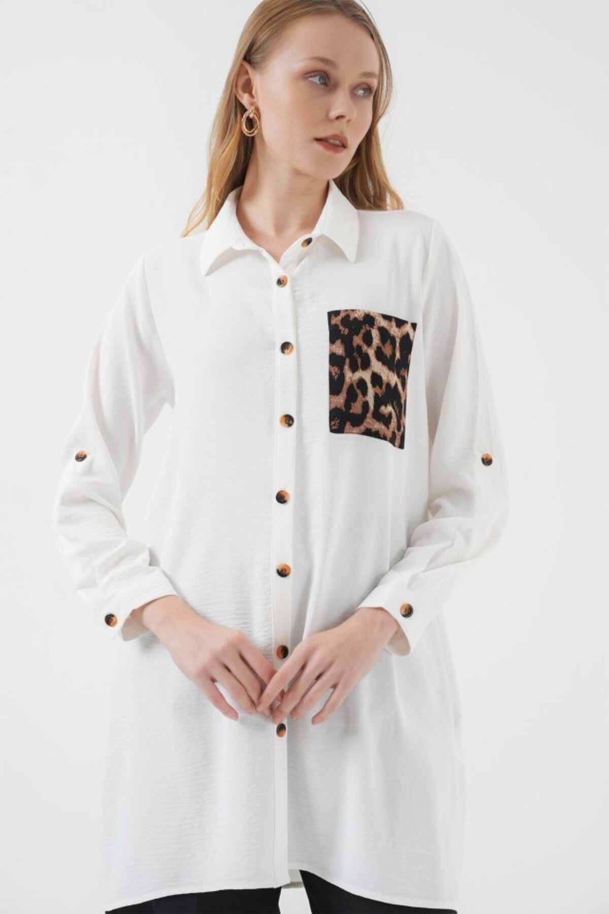 cottonLab 5851 Cep Detaylı Gömlek Tunik - Beyaz