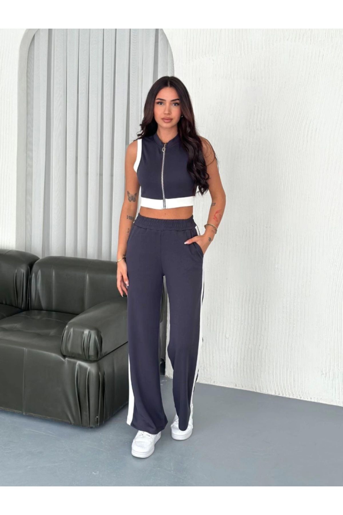 Osy Modal Yumuşak Dokulu Kumaş Tam Fermuarlı Crop Pantalon İkili Takım - Antrasit