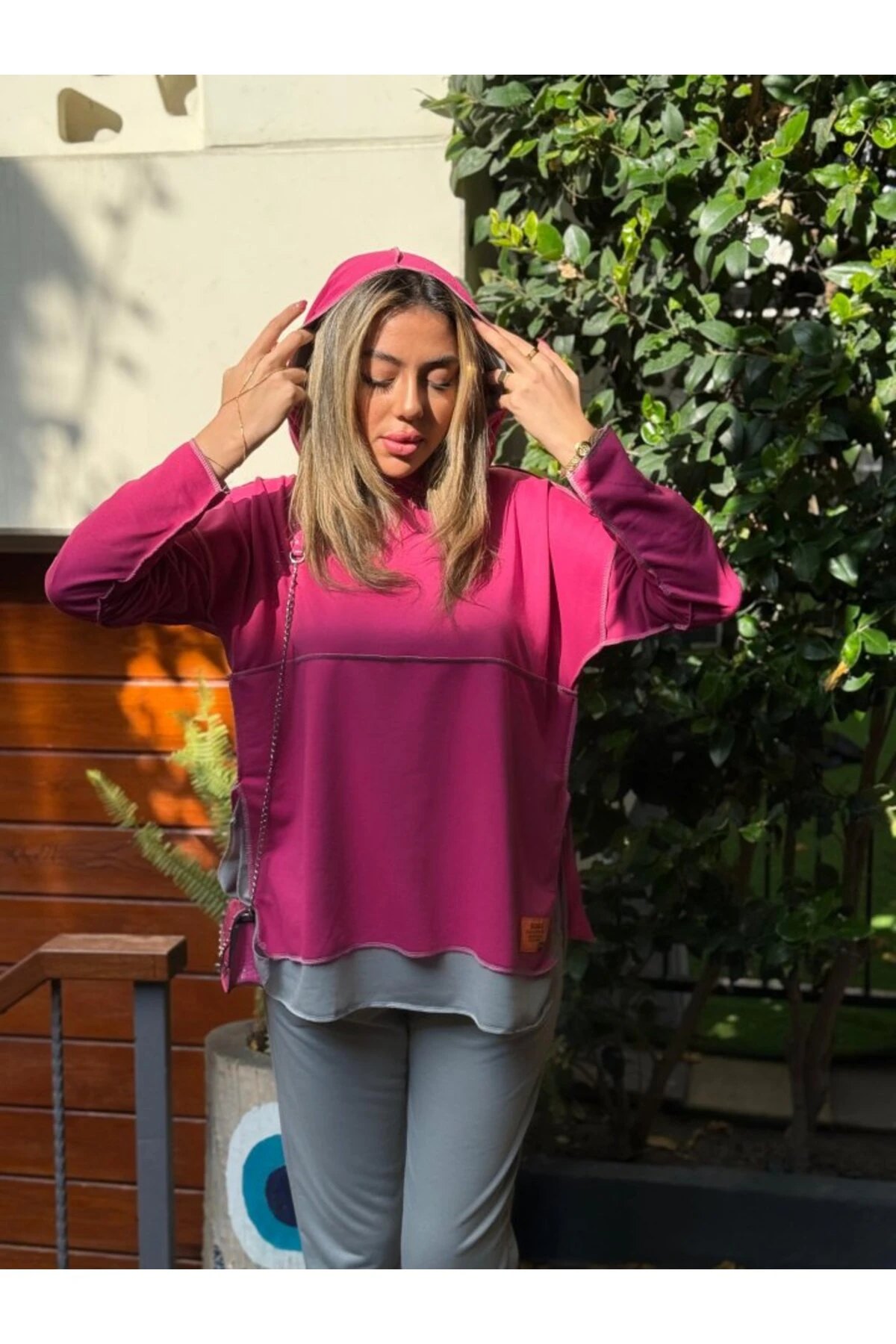 mrpurple Kadın Pembe Kapşonlu Etek Ucu Detay Arma Ters Dikiş Gorunumlu Ikili Takım