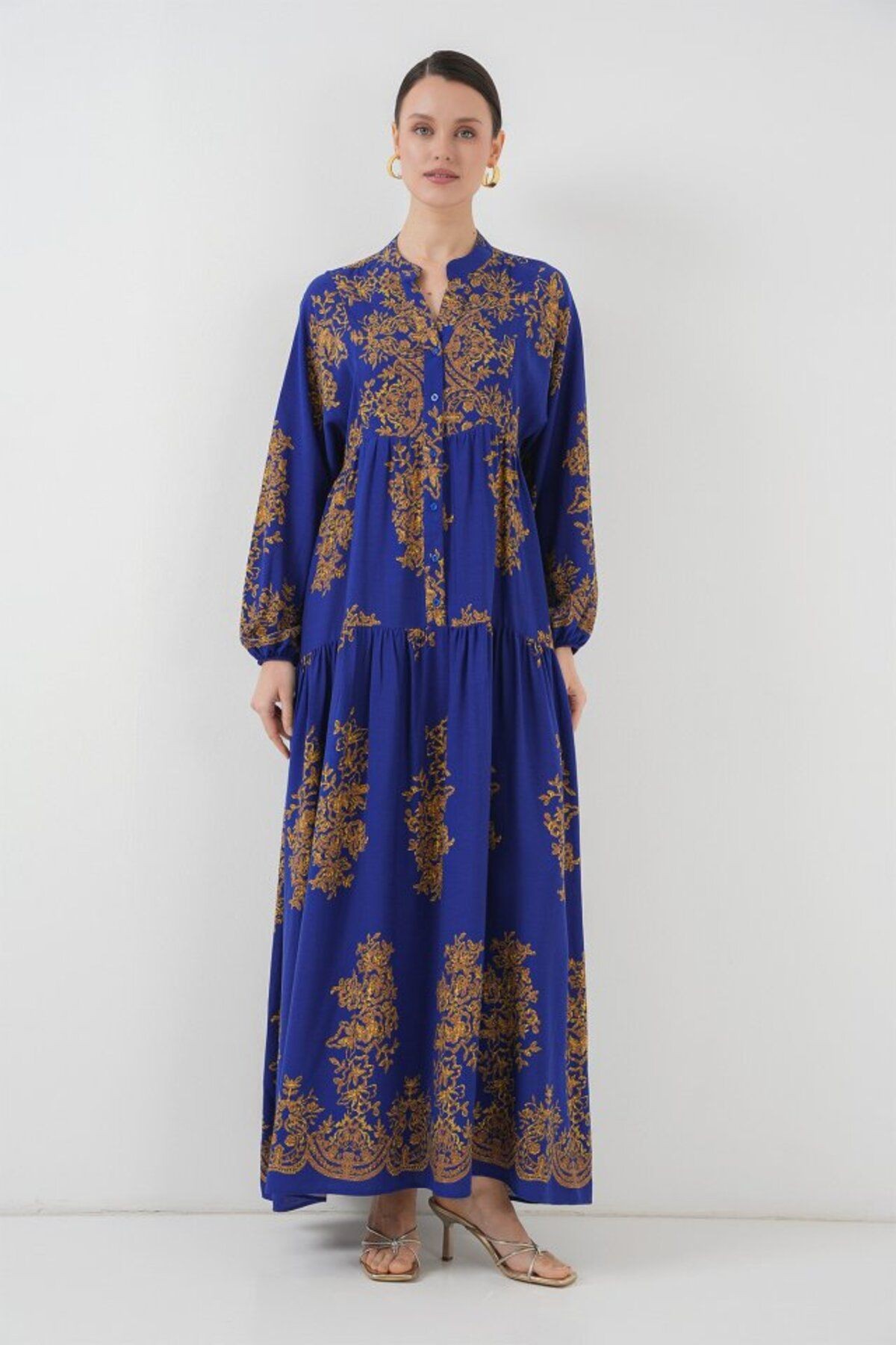 Saks Gold Desenli Tesettür Elbise 2423