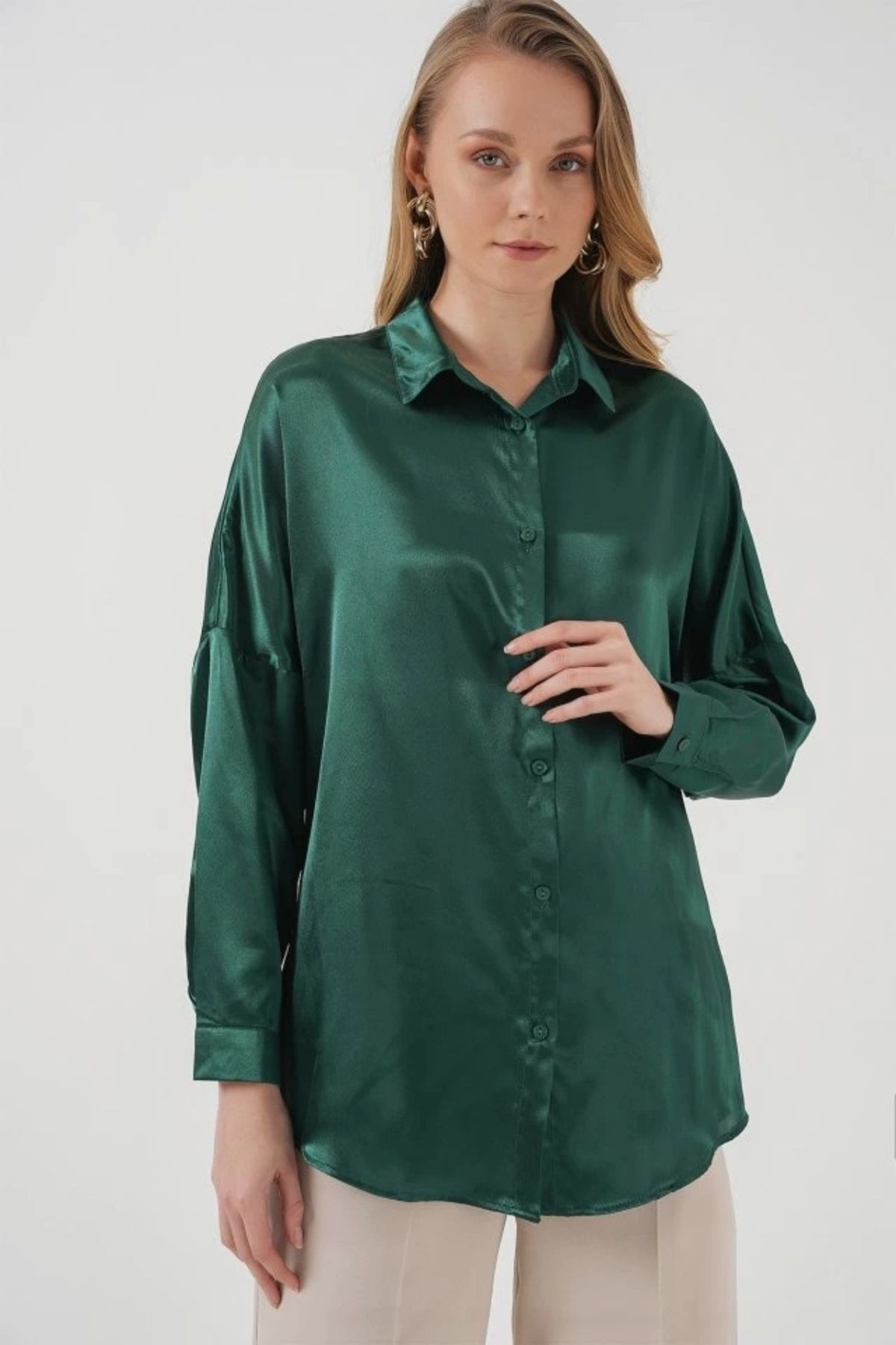 3985 Oversize Saten Gömlek -  Yeşili