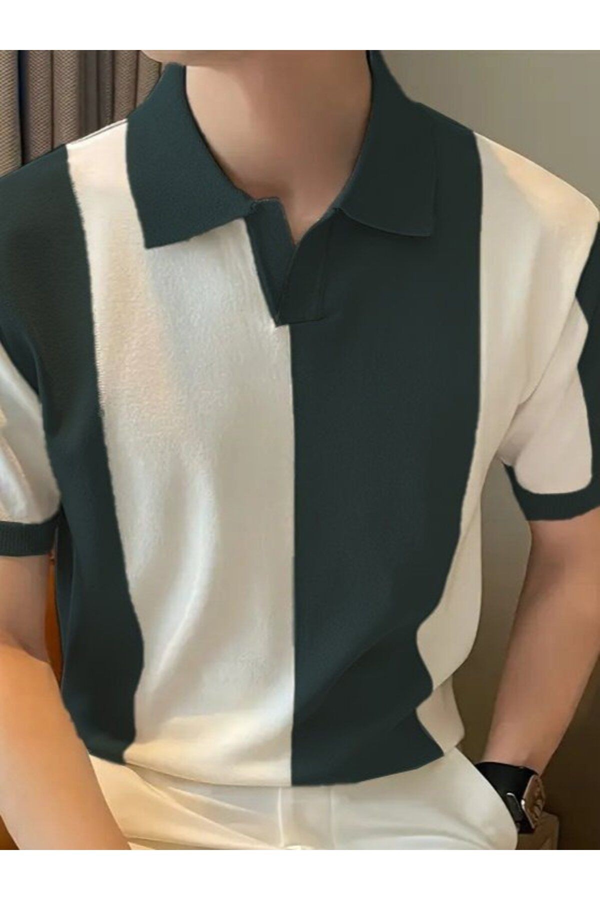 Erkek Kısa Kollu Polo Yakalı Blok Desenli Triko tişört