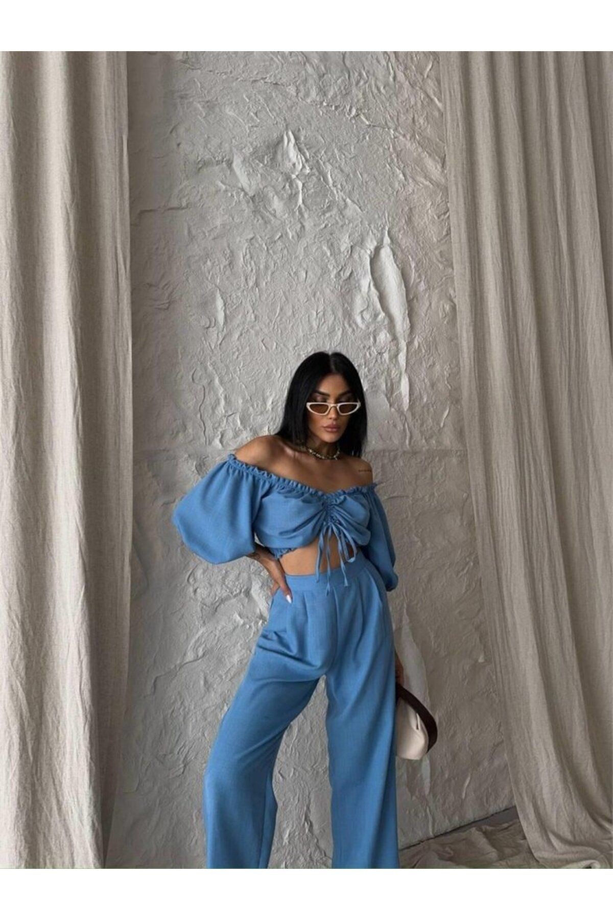 KETEN CROP BLUZ BÜZGÜ YAKA + PANTOLON TAKIM - Mavi
