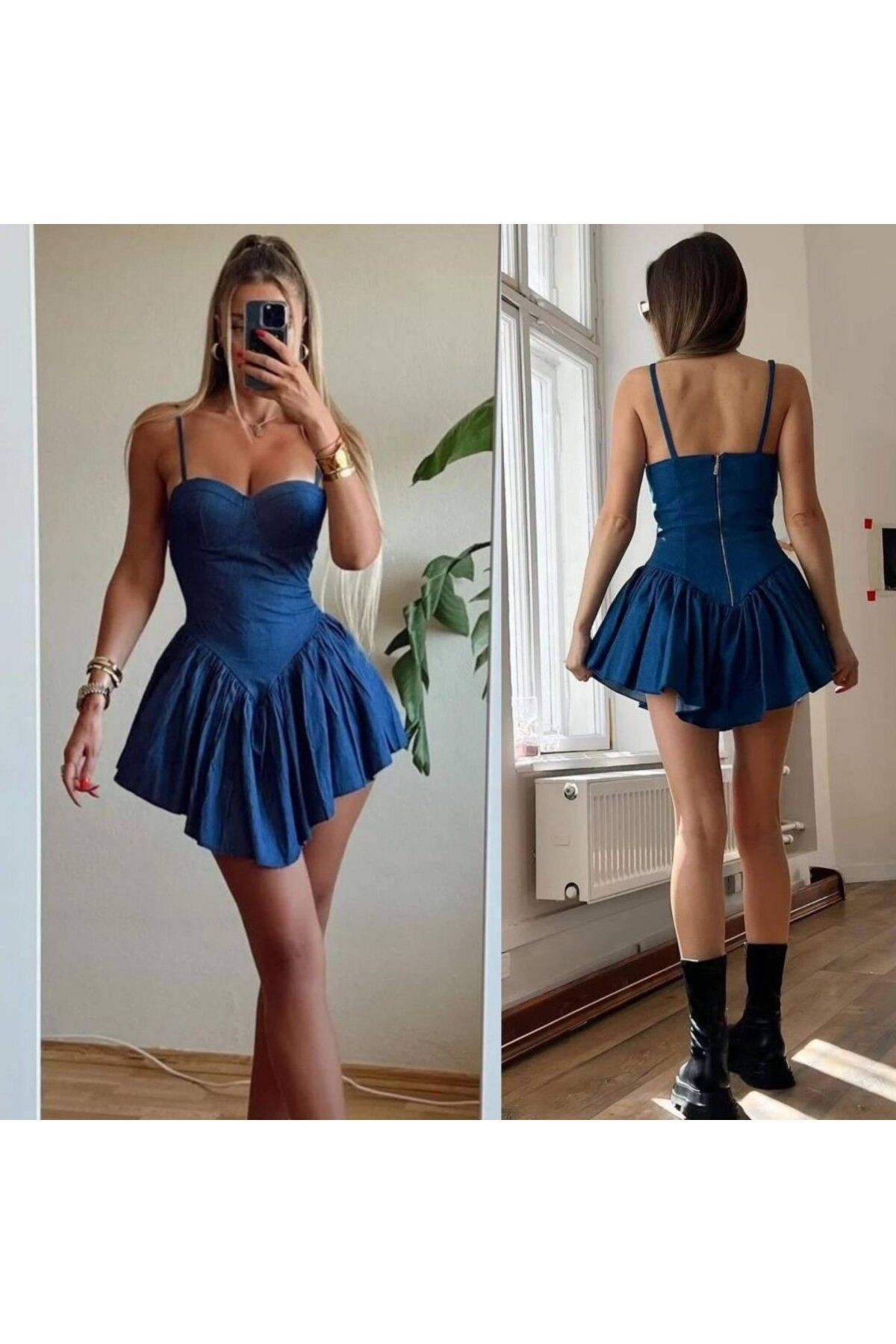 Kadın Kot Kumaş Göğüs Glop Detaylı Sırt Fermuarlı Mini Boy Elbise