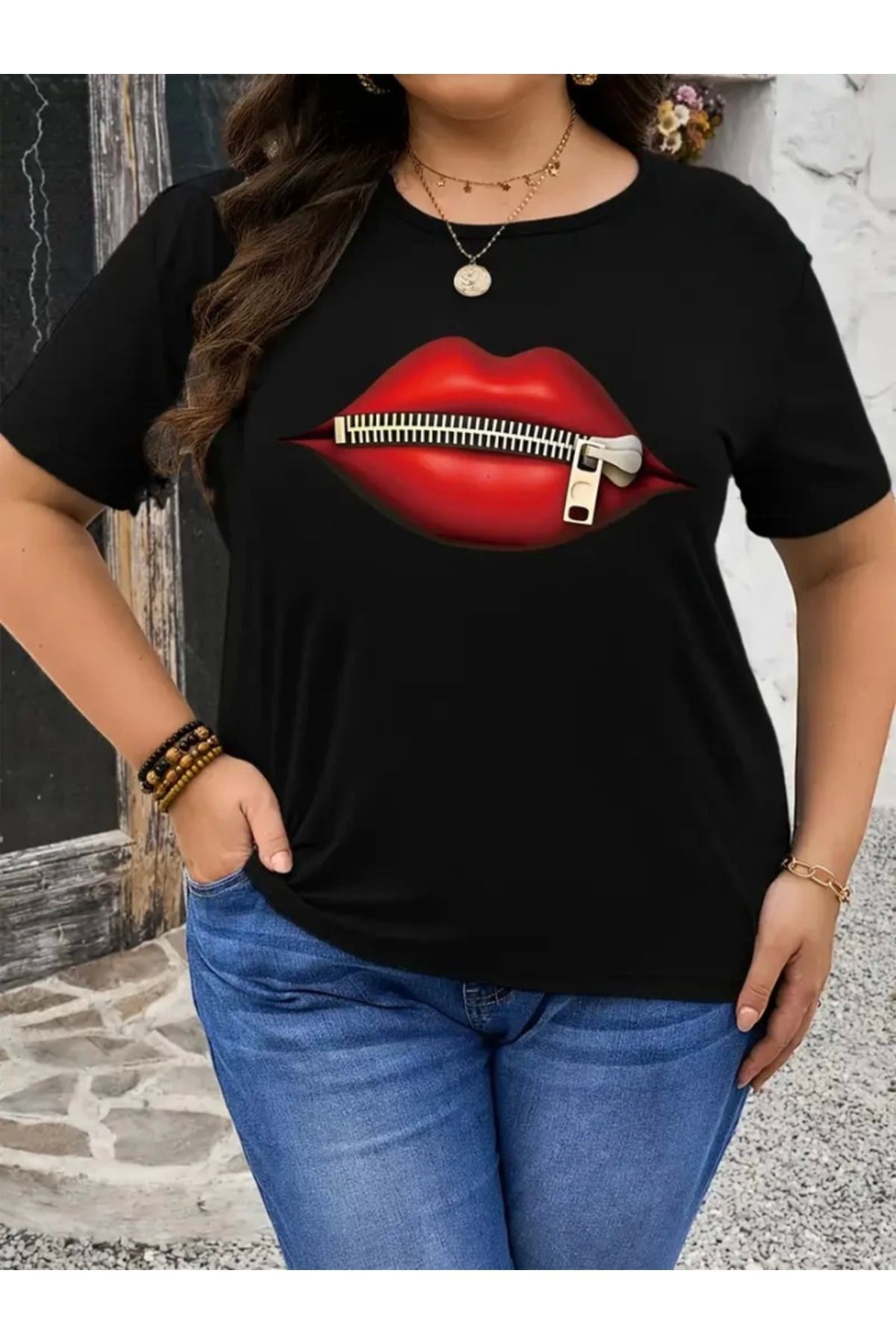 Baskılı Oversize Bisiklet Yaka T-shirt - Siyah