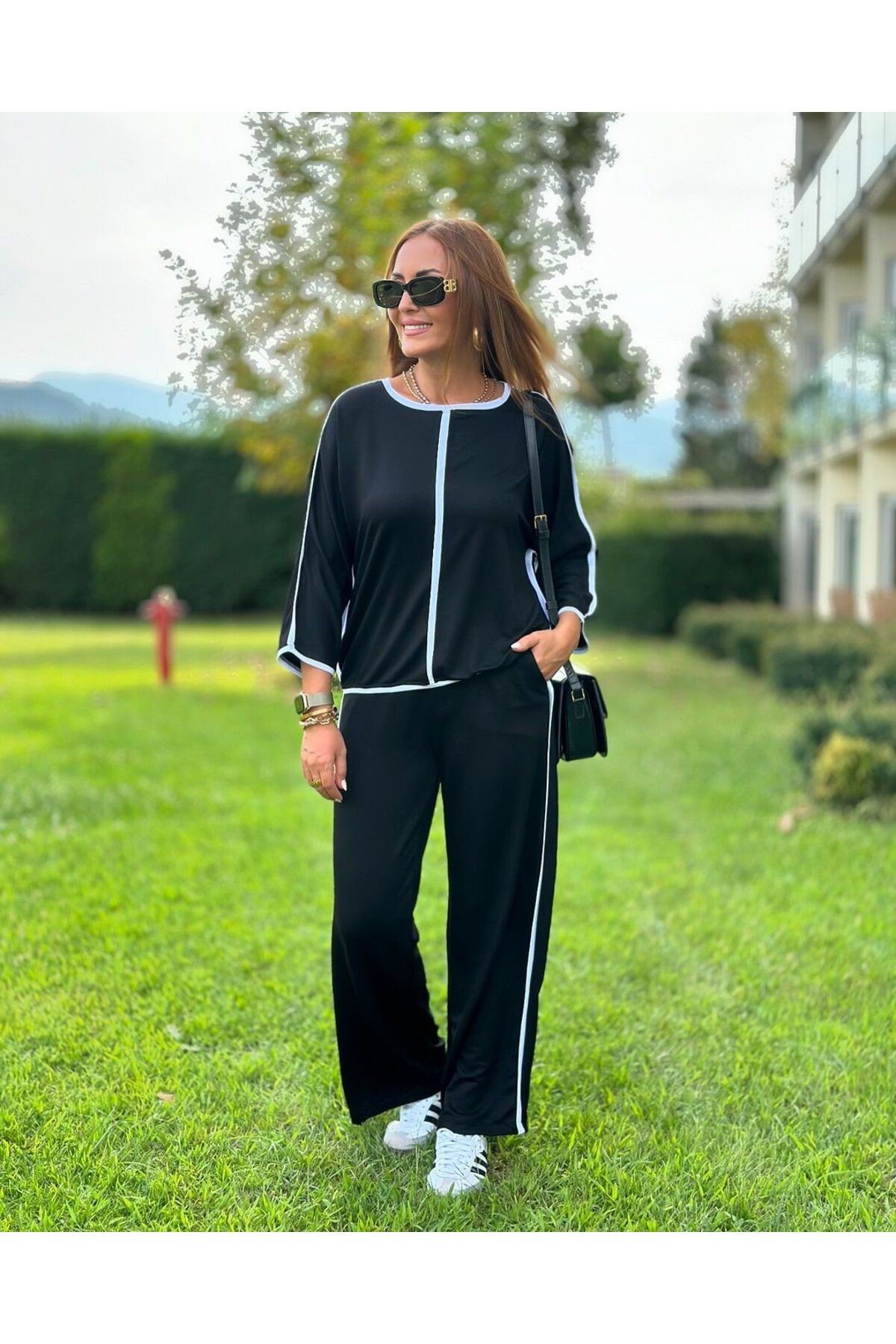 Kadın Bisiklet Yaka Truvakar Kol Biye Detay Bluz Ve Yüksek Bel Lastikli Pantolon Ikili Tak