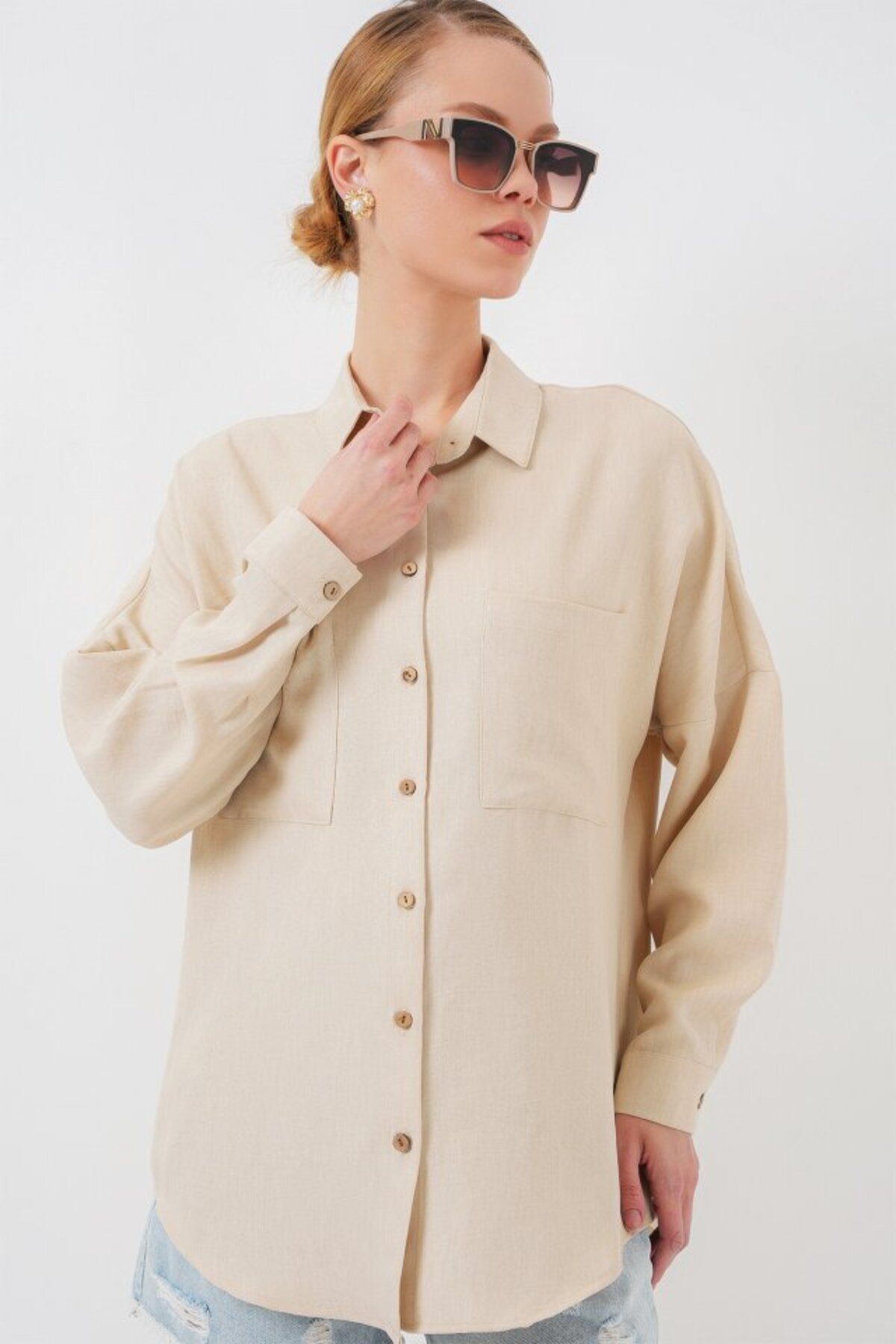 20126 Oversize Keten Gömlek - Bej