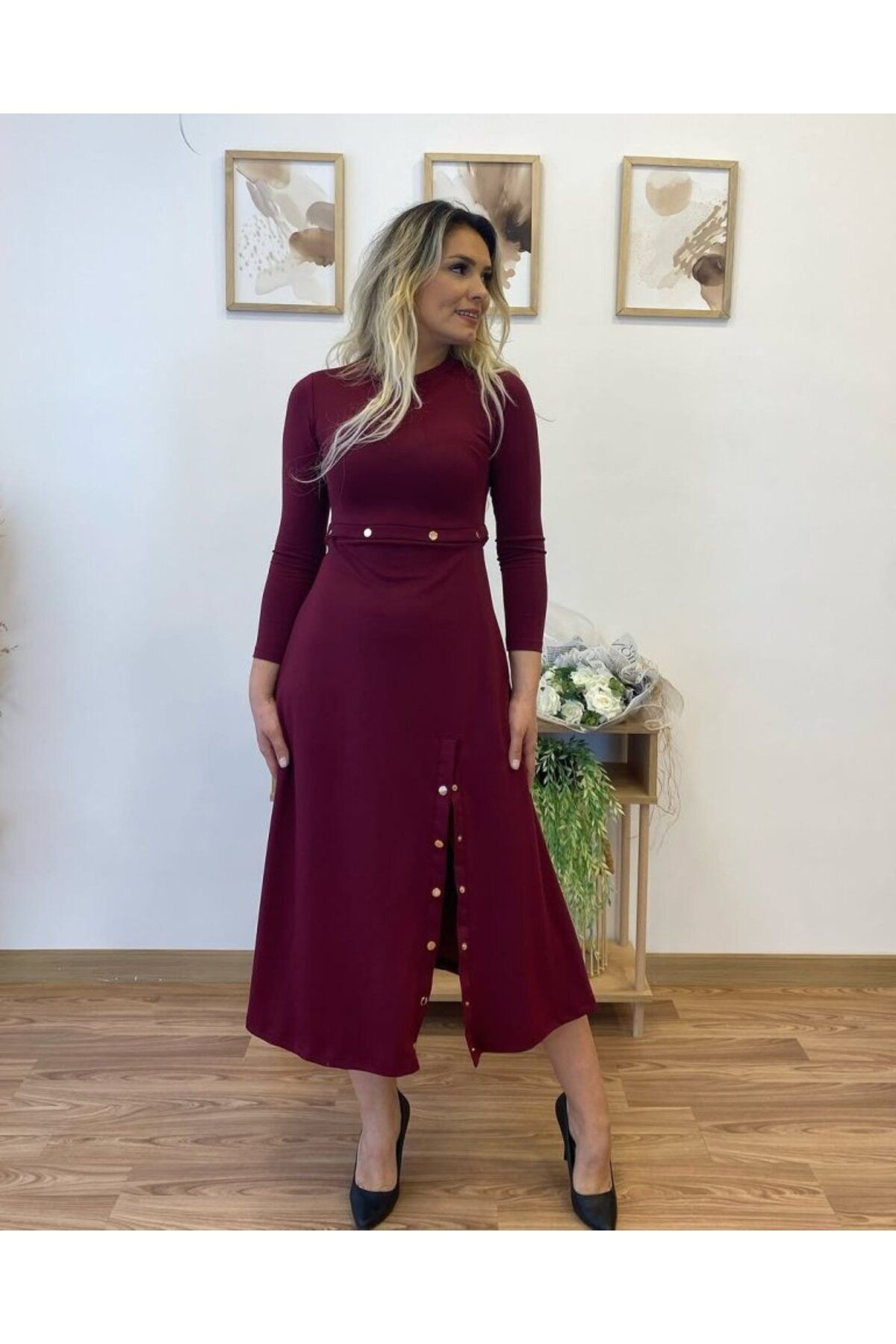Kadın Uzun Kollu çıtçıtlı Viskon Krop Bluz Ve Yırtmaçlı Etek Istenildiğinde Elbise Olan Ik
