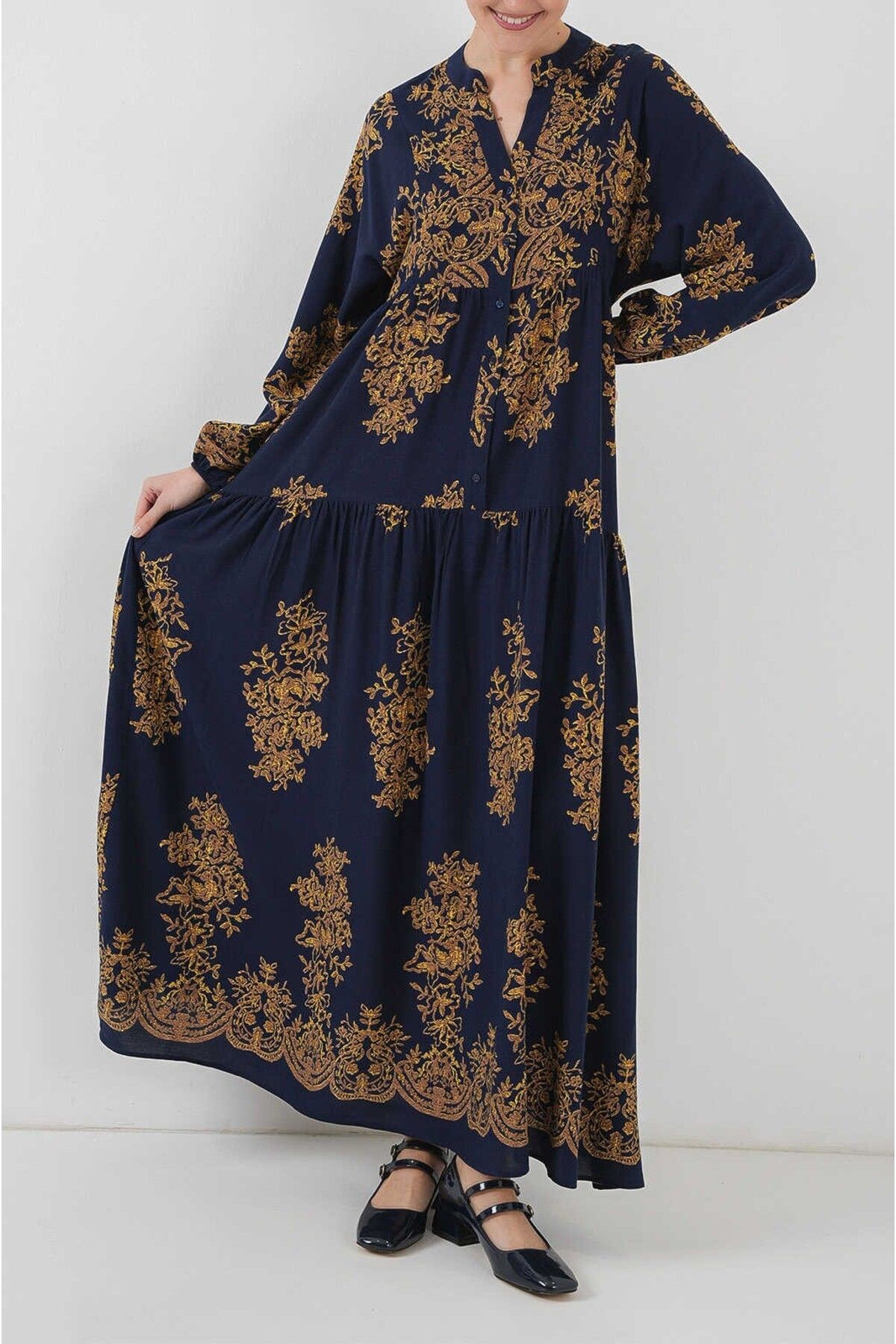 Lacivert Gold Desenli Tesettür Elbise