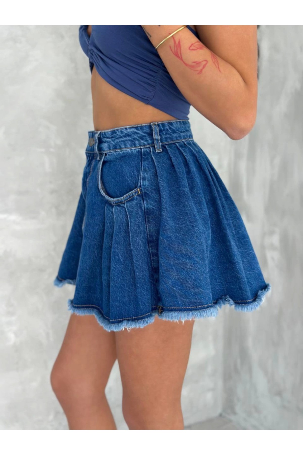 Şık Pileli Yazlık Mini Etekli Kot- Saks Mavisi