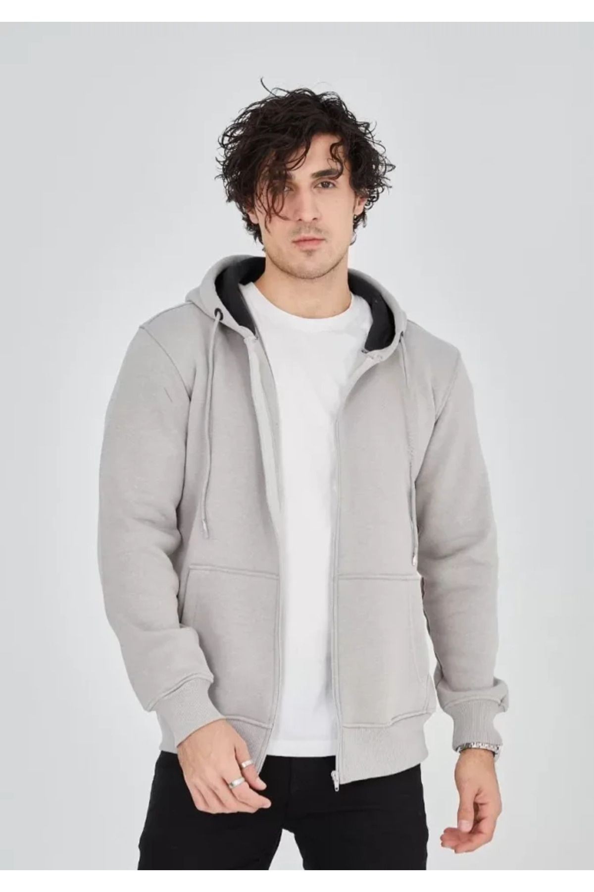 Unisex Tam Fermuarlı Kapşonlu SweatShirt - Boyalı Gri
