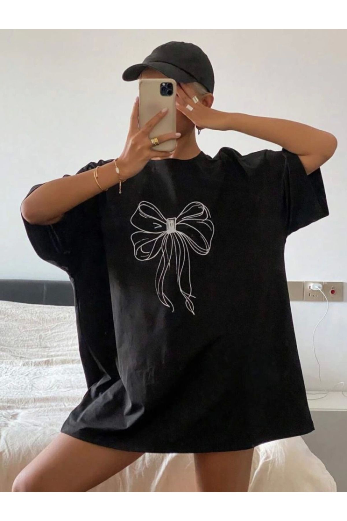 Baskılı Oversize T-shirt - Siyah